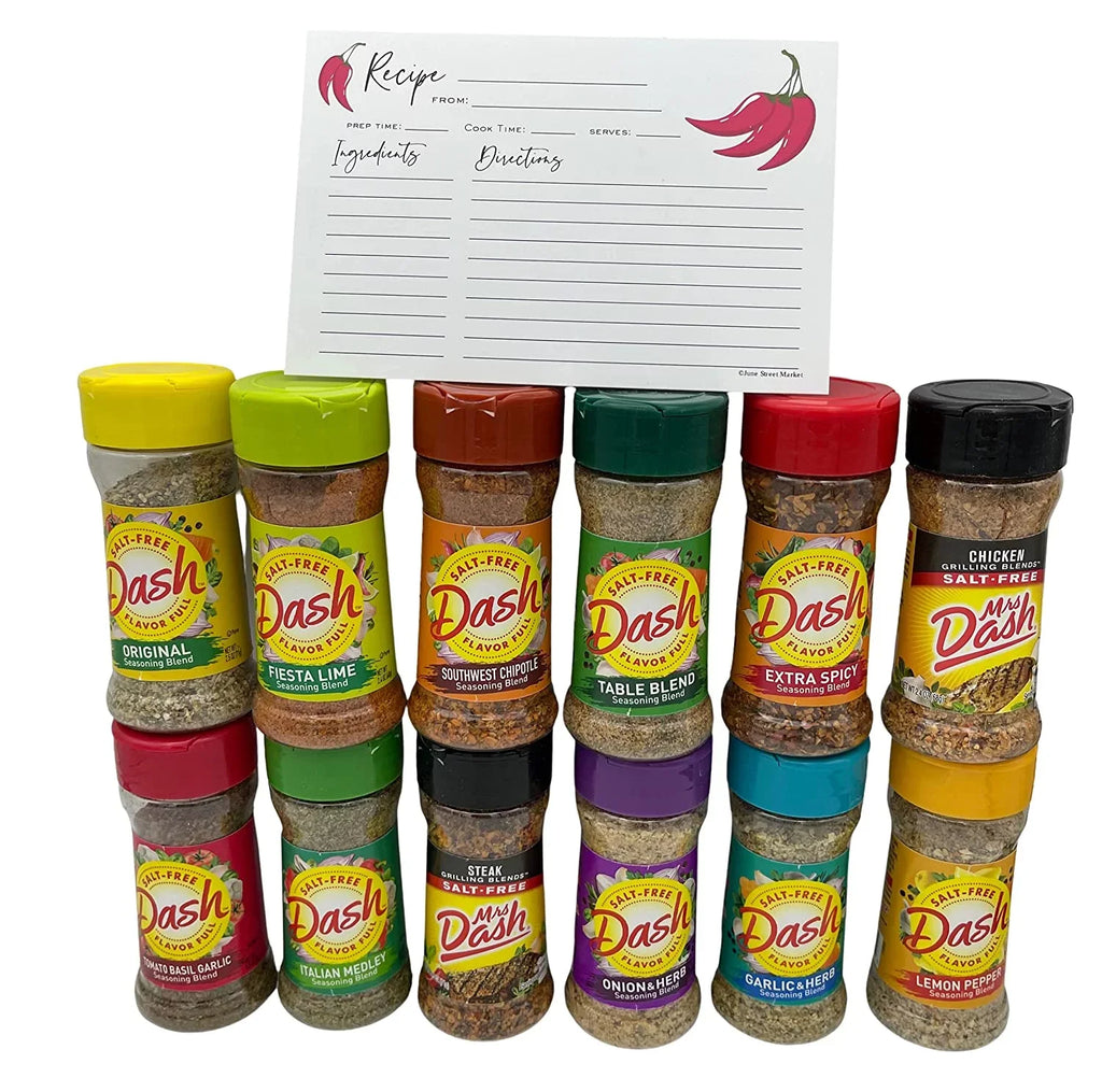 Mrs. Dash No Salt Seasonings Blend Variety New Starter Set - 12 Flavors (28.8 oz Total) with Blank June Street Market Recipe Card - Exclusive Design