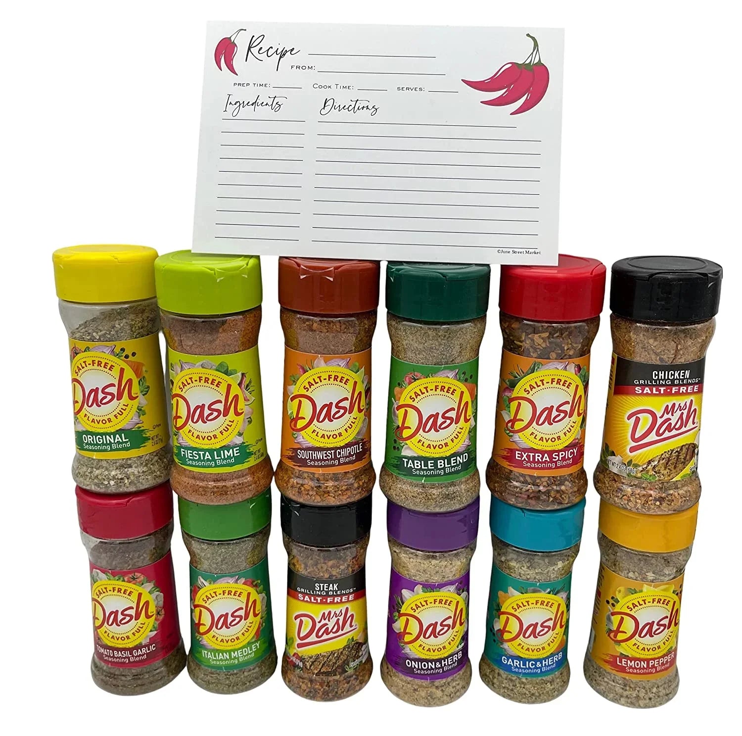 Mrs. Dash No Salt Seasonings Blend Variety New Starter Set - 12 Flavors (28.8 oz Total) with Blank June Street Market Recipe Card - Exclusive Design