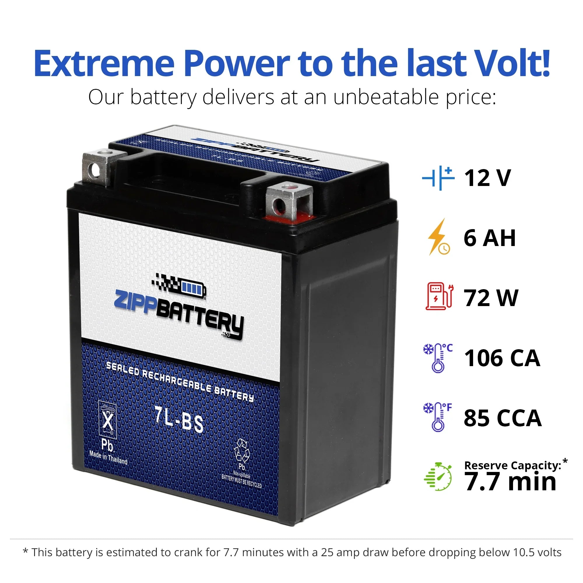 Zipp Battery YTX7L-BS (7L-BS 12 Volt,6 Ah, 75 CCA) Motorcycle Battery for Yamaha Xt225 Serow 225cc 92-'00 - Exclusive Design