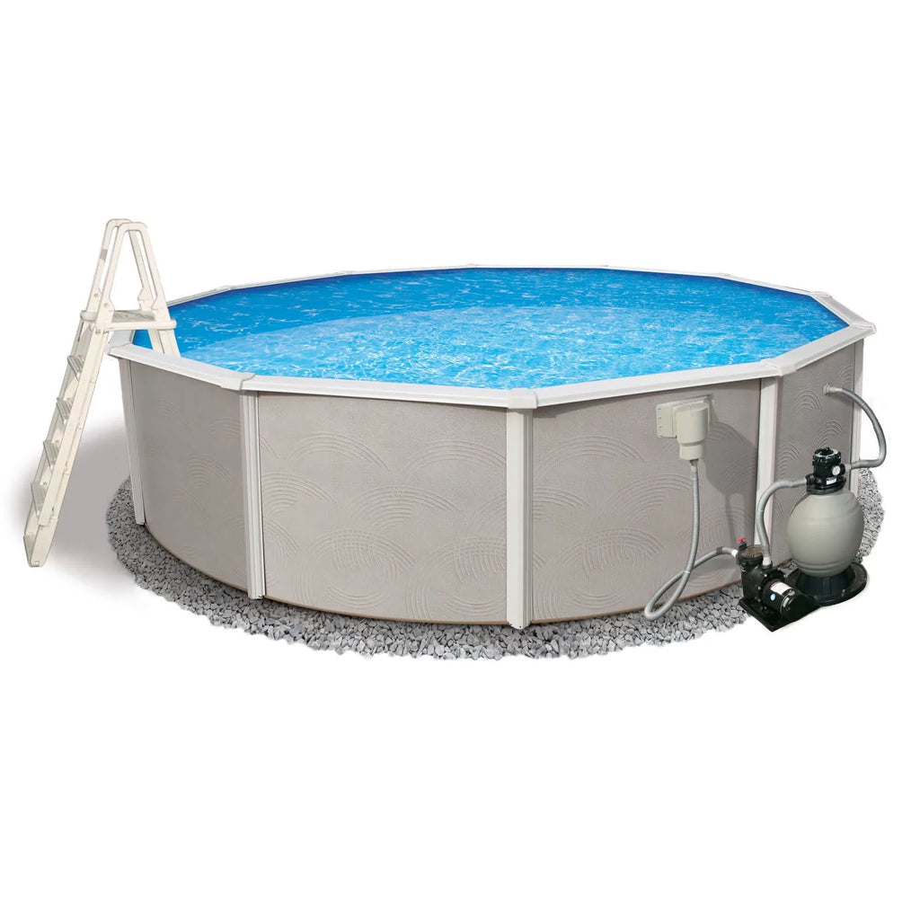 Belize 27-ft Round 52-in Deep 6-in Top Rail Metal Wall Swimming Pool Package - Exclusive Design
