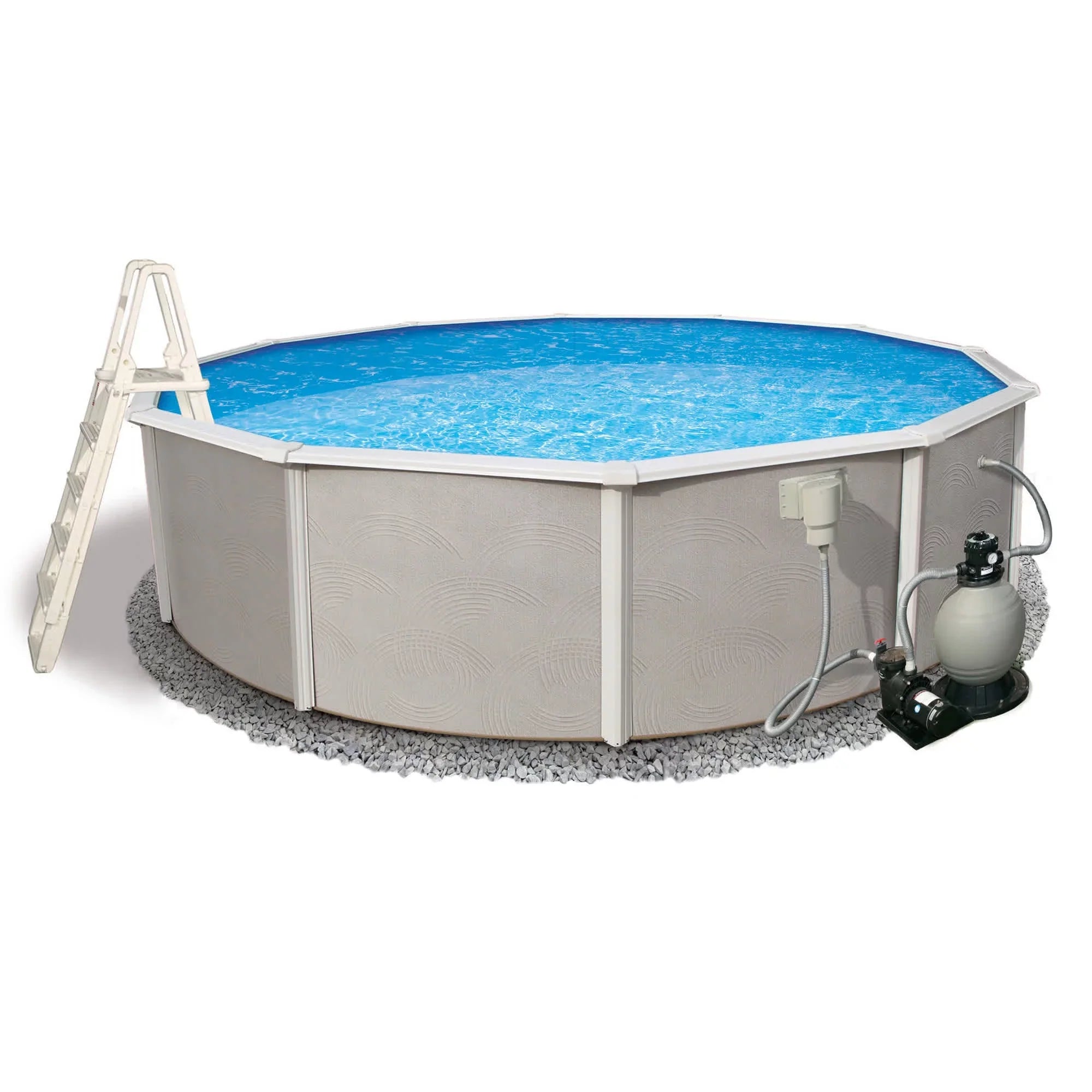 Belize 27-ft Round 52-in Deep 6-in Top Rail Metal Wall Swimming Pool Package - Exclusive Design