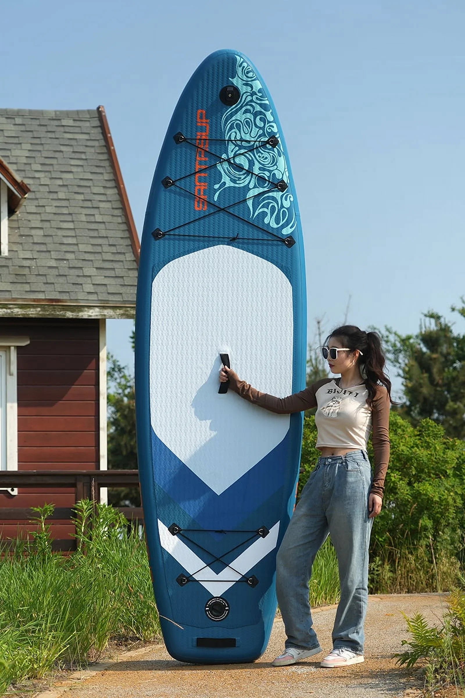 Stylish Inflatable Stand Up Paddle Board 9.9'x33"x5" With Premium SUP Accessories & Backpack, Wide Stance, Bottom Fin for Paddling, Paddle, Leash, Surf Control, Non-Slip Deck for Youth & Adult