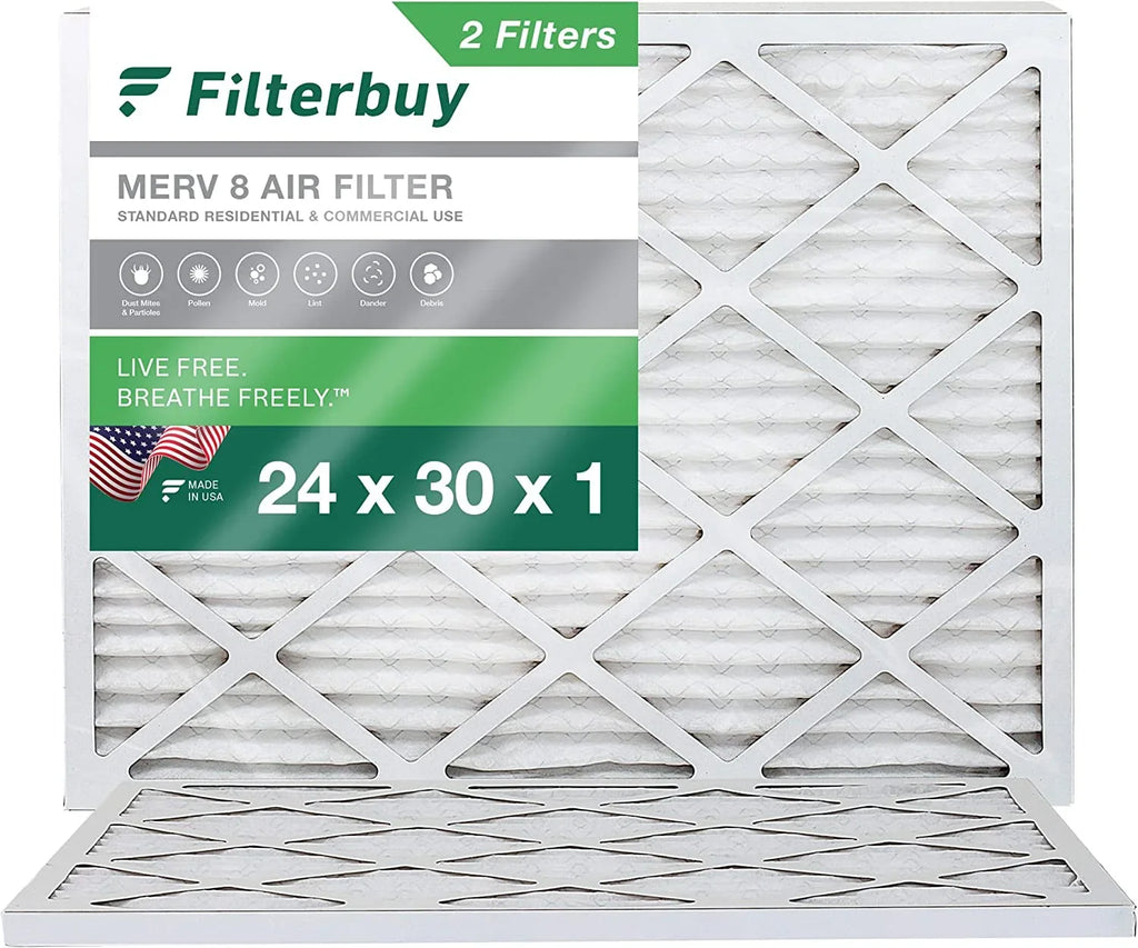 Filterbuy 24x30x1 MERV 8 Pleated HVAC AC Furnace Air Filters (2-Pack) - Exclusive Design
