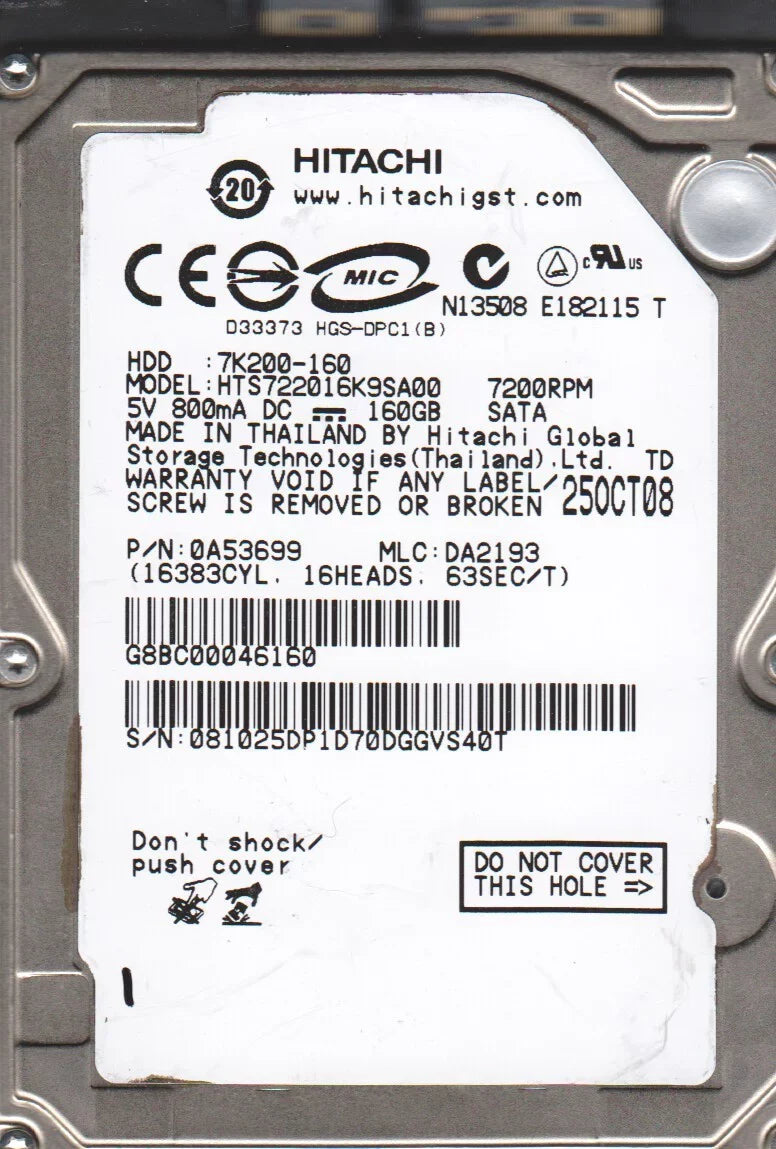 Stylish HTS722016K9SA00, PN 0A53699, MLC DA2193, Hitachi 160GB SATA 2.5 Hard Drive