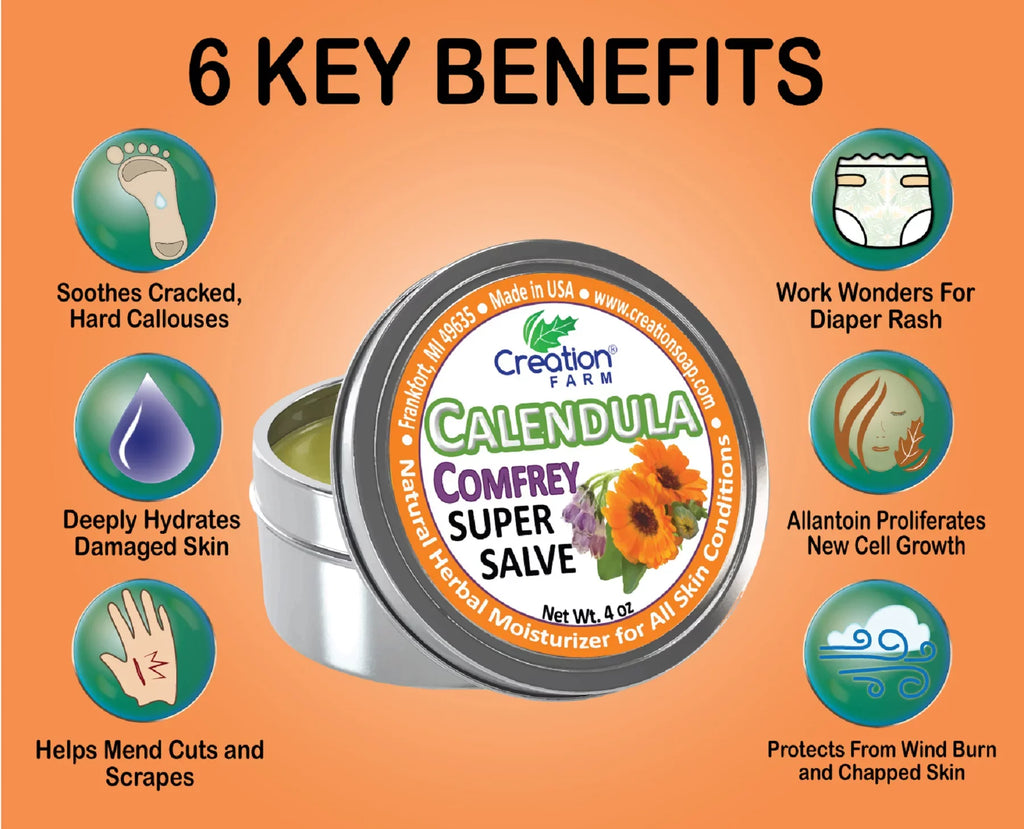 Stylish Calendula Comfrey Salve 4 oz Tin, Herbal Skin Rash Ointment, Wound Treatment Tin 4 oz by Creation Farm