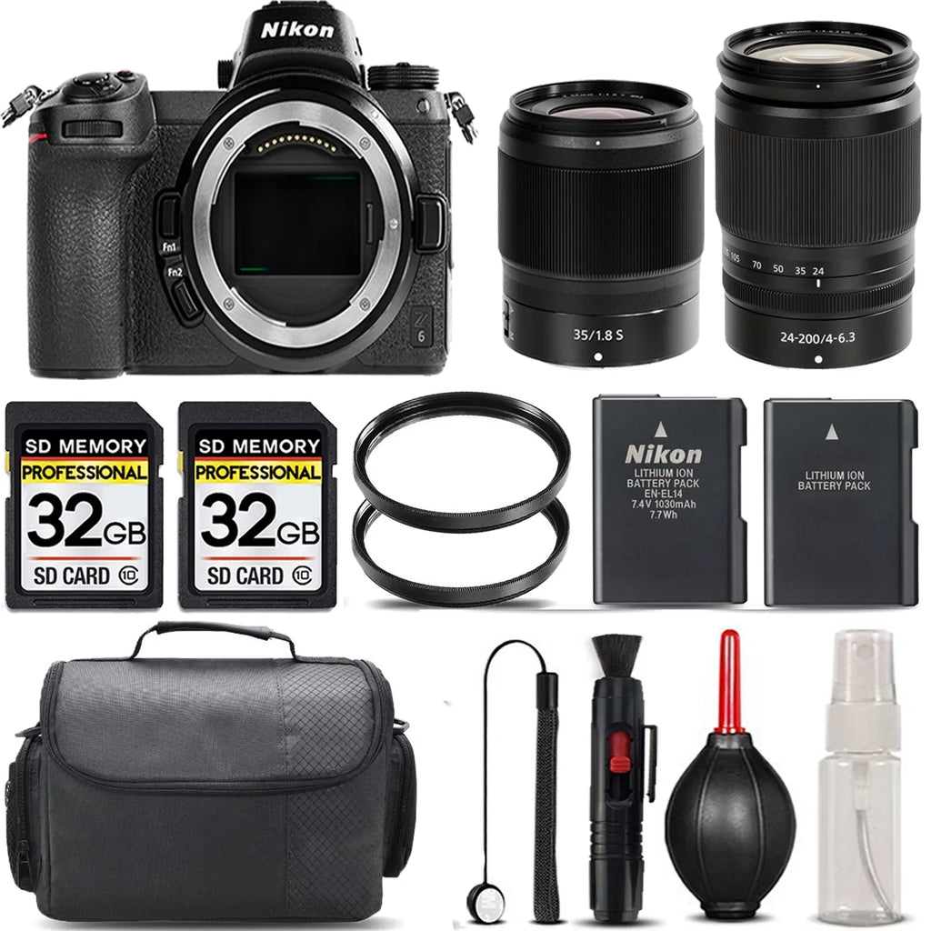 Nikon Z6 Mirrorless with 24-200mm f/4-6.3 VR Lens + 35mm f/1.8 S Lens + 64GB Storage + UV Filter + Backup Battery + Case + Cleaning Kit - International Version - Exclusive Design