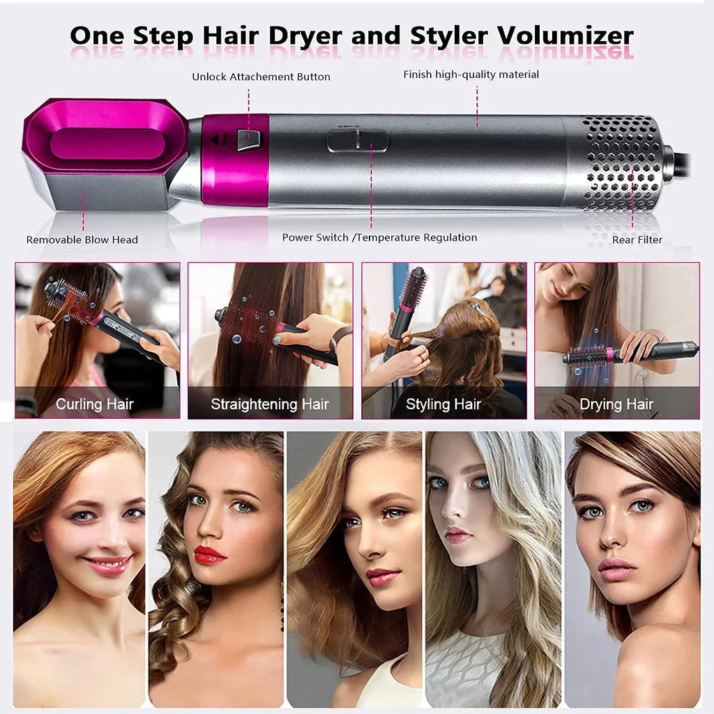 5-in-1 Electric Hair Dryer Brush - Negative Ionic Hair Styler with Detachable Brush Heads - Blow Dryer Brush for Straightening and Automatic Curling Styling, Color: GreyRed