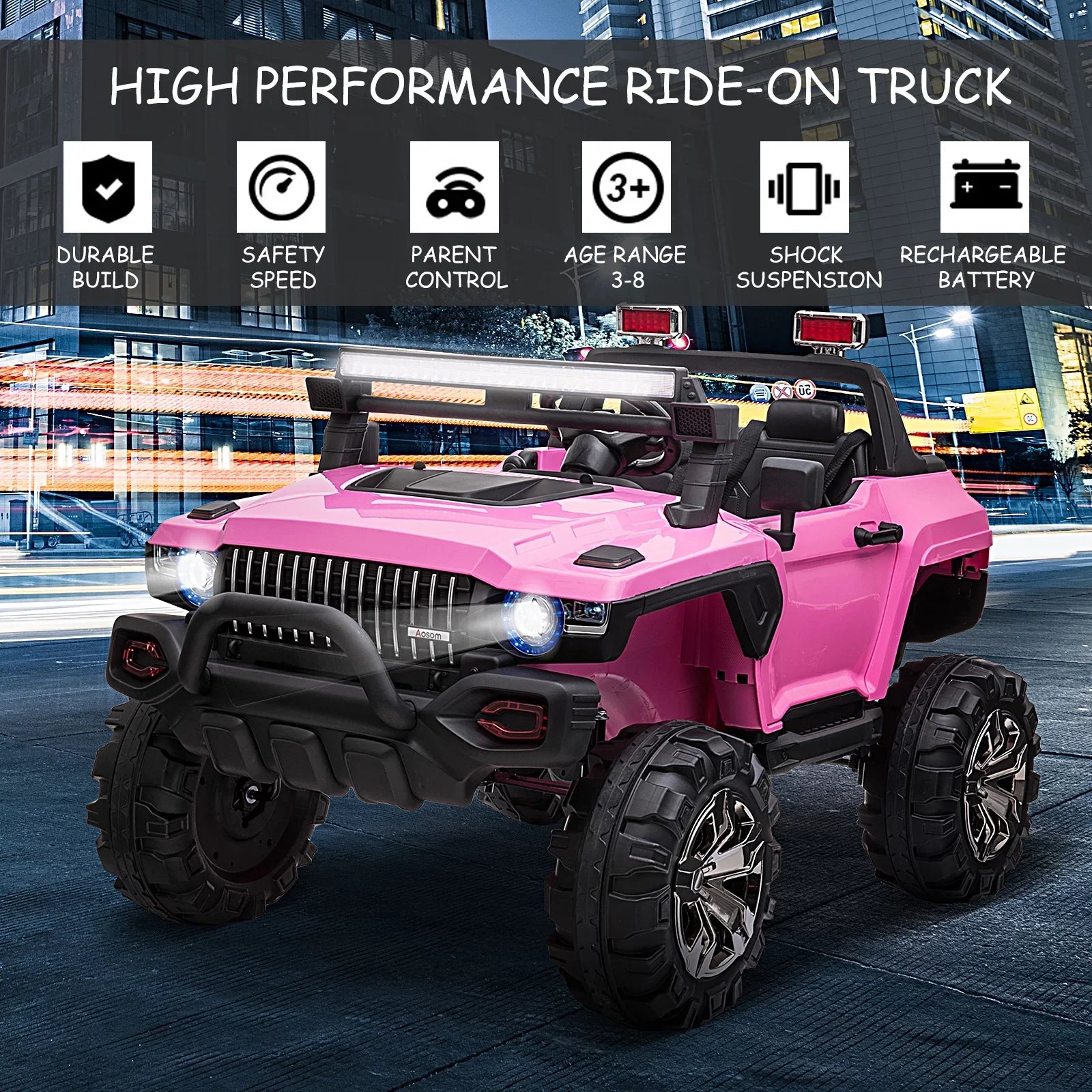 Aosom 12V Kids Electric 2-Seater Ride On Police Car SUV Truck Toy with Parental Remote Control, Pink