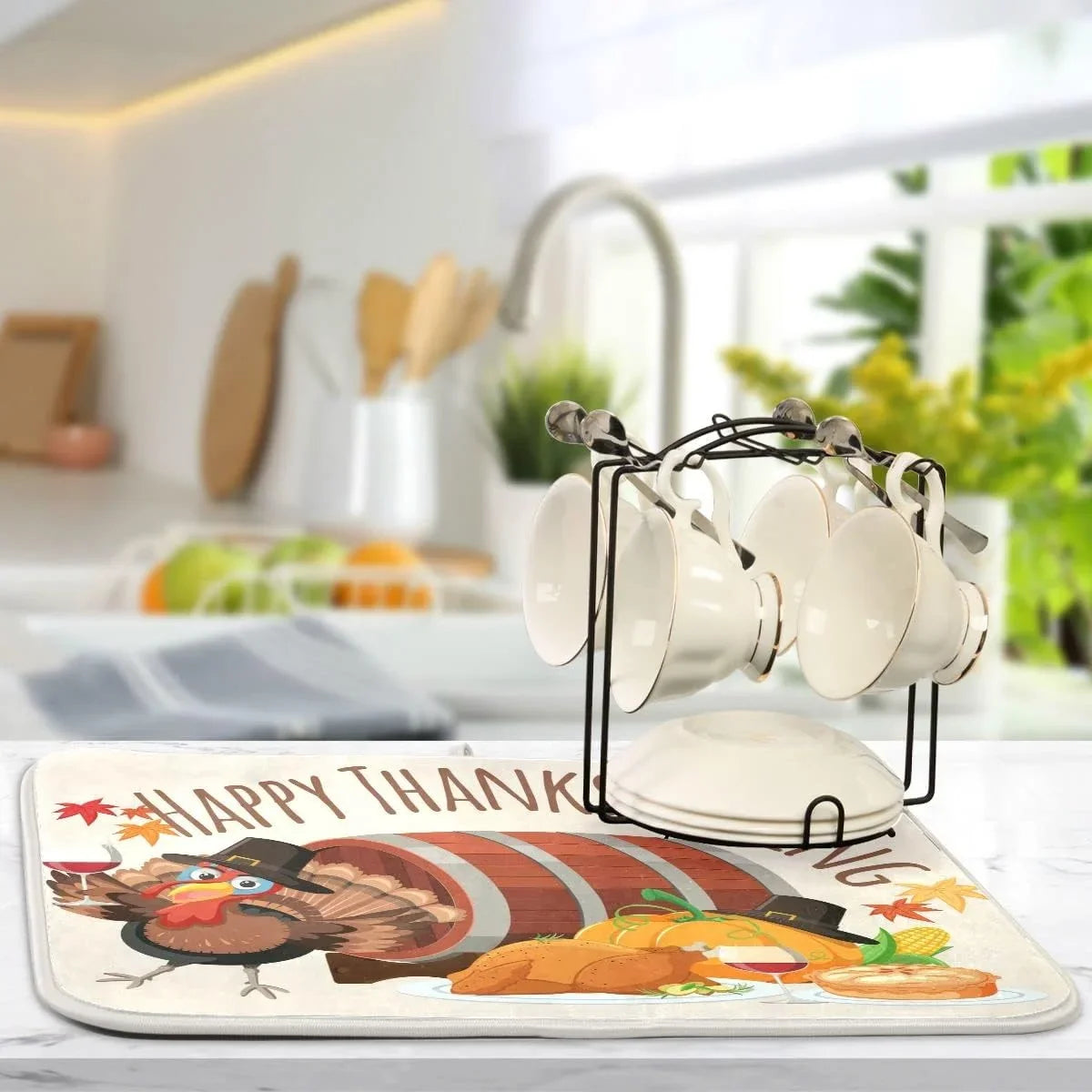 Stylish Wellsay Happy Thankgiving Dish Drying Mat for Kitchen Fall Autumn Turkey Dishes Pad Dish Drainer Rack Mats Harvest Absorbent Fast Dry Counter Accessories 16x18inch