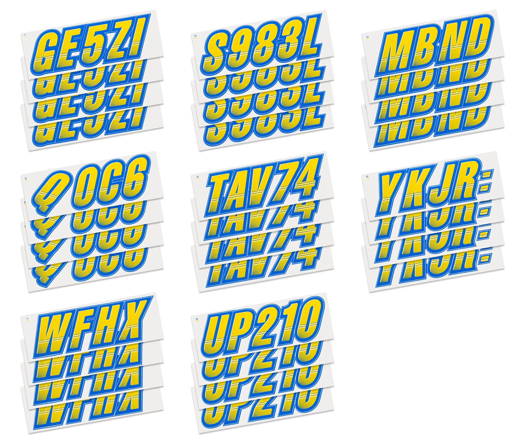 STIFFIE Techtron Yellow/Blue 3" Alpha-Numeric Identification Custom Kit Registration Numbers & Letters Marine Stickers Decals for Boats & Personal Watercraft PWC