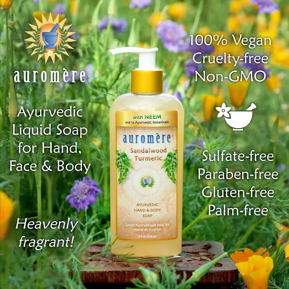 Auromere Ayurvedic Liquid Soap, Sandalwood Turmeric - With Neem And Coconut Oil, Vegan, Cruelty Free, Natural, Non Gmo, Paraben-Free, Gluten-Free - 8Oz (Pack Of 2).