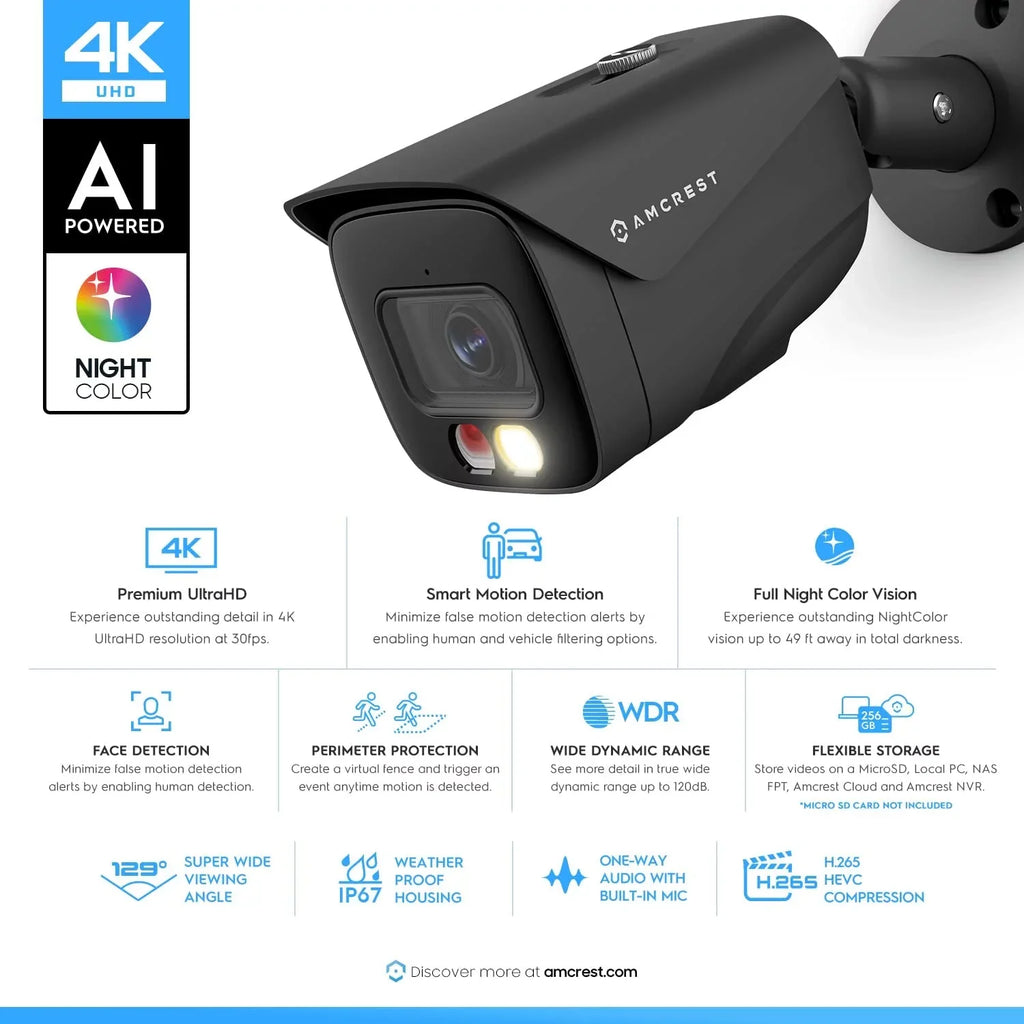 Amcrest 4K IP PoE AI Camera UltraHD 8MP Security Outdoor Camera, FOV 129Â°, 49ft Color Nightvision, Human & Vehicle Detection, IP67 Weatherproof, 4K (3840x2160) @15fps, Black, IP8M-2796EB-AI - Exclusive Design