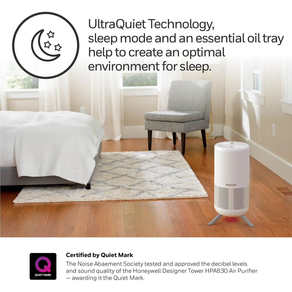 Stylish Honeywell Designer Series HEPA Air Purifier Tower, 190 sq ft, White, HPA830W