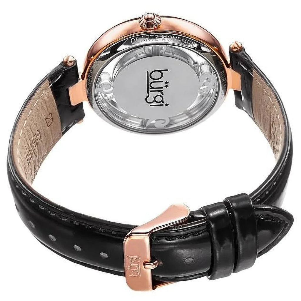Women's BUR150BKR Rose Gold Quartz Watch with Swarovski Crystal Accents and See Thru Dial with Black Leather Strap