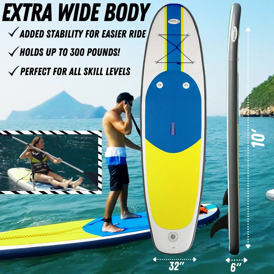 Blue Water Toys Inflatable Crossover Stand Up Paddle Board/Kayak Kit - Blue Yellow 10 feet by 32 inches - Exclusive Design