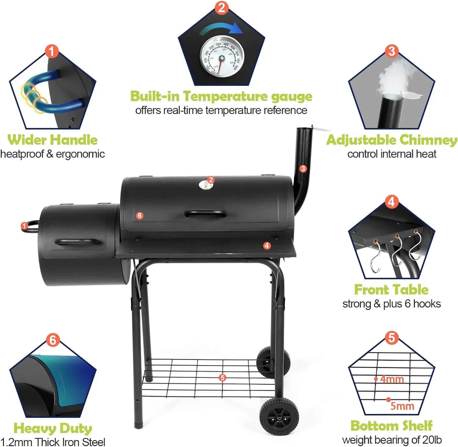 Outdoor BBQ Grill, Barrel Charcoal Grill with Offset Smoker, Camping Barbecue Grill for Patio Backyard Garden Party Picnic, Large 420.SQ.IN Cooking Area, 2 Screwdrivers & 6 Hooks - Black - Exclusive Design