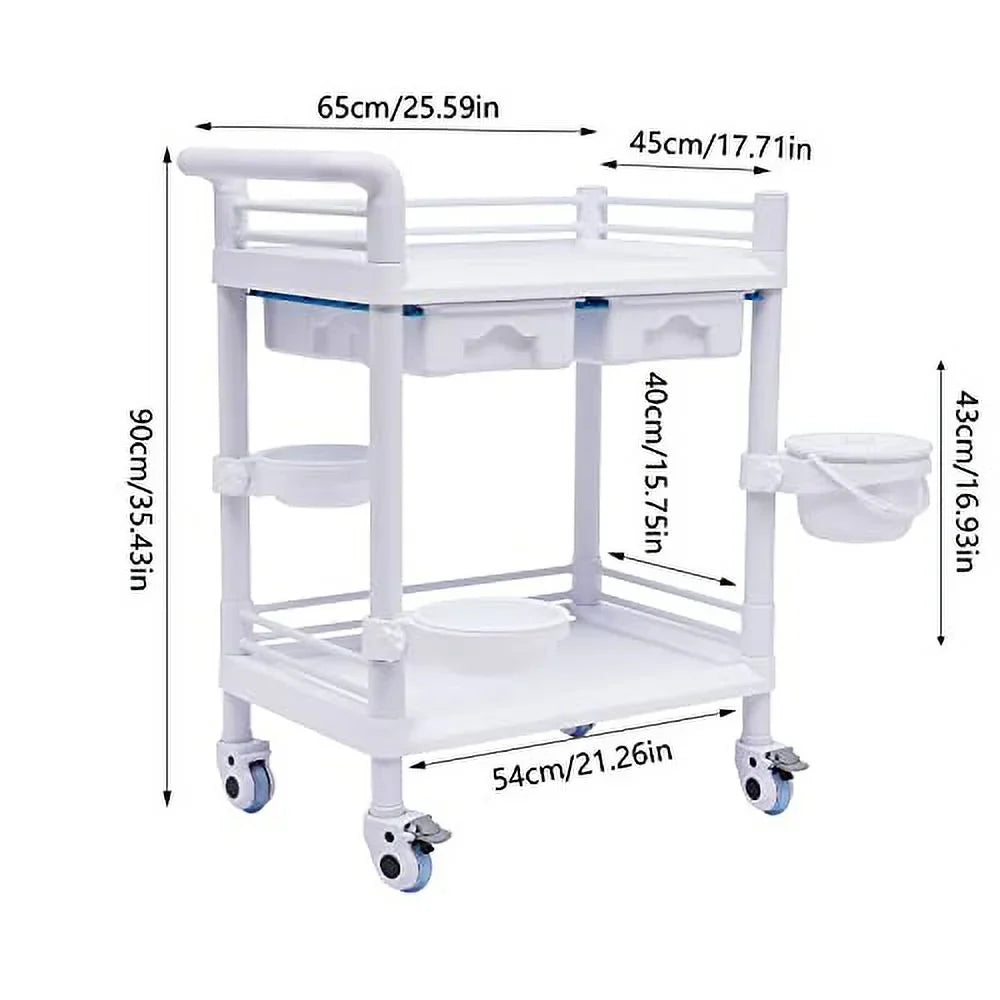 Stylish Medical Trolley Cart with 360Â°Rotate Wheels 2 Tier 275 Lbs Spacious Spa Beauty Salon Rolling Trolley with Dirt Buckets Drawers Heavy Duty Medical Utility Cart for Hospital Dental Clinic Beauty Salon