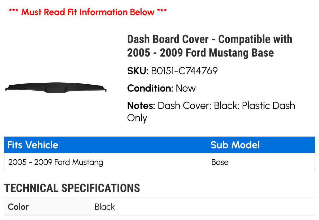 Dash Board Cover - Compatible with 2005 - 2009 Ford Mustang Base 2006 2007 2008 - Exclusive Design