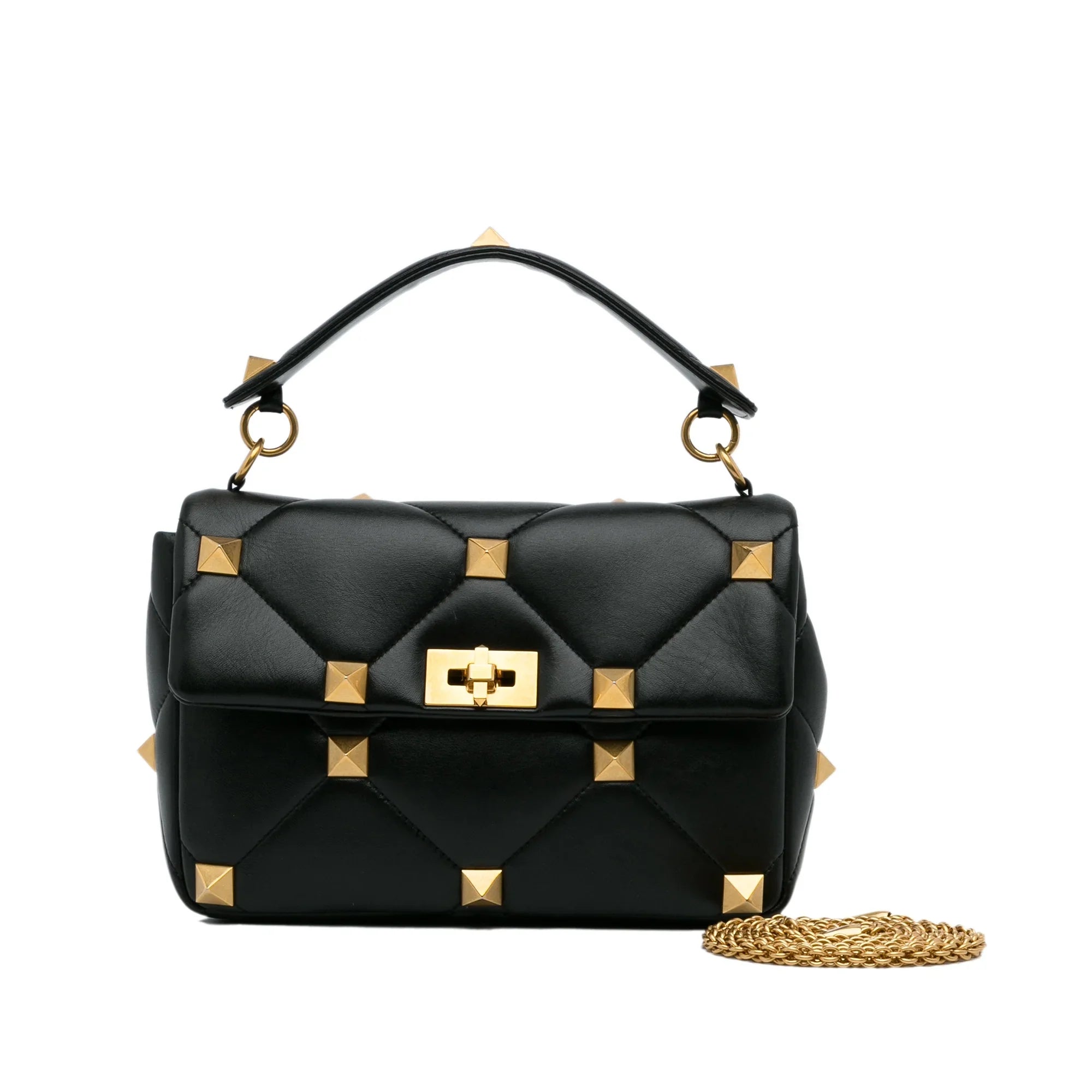 Stylish Pre-Owned Authenticated Valentino Medium Roman Stud Satchel Calf Leather Black Unisex (Good)