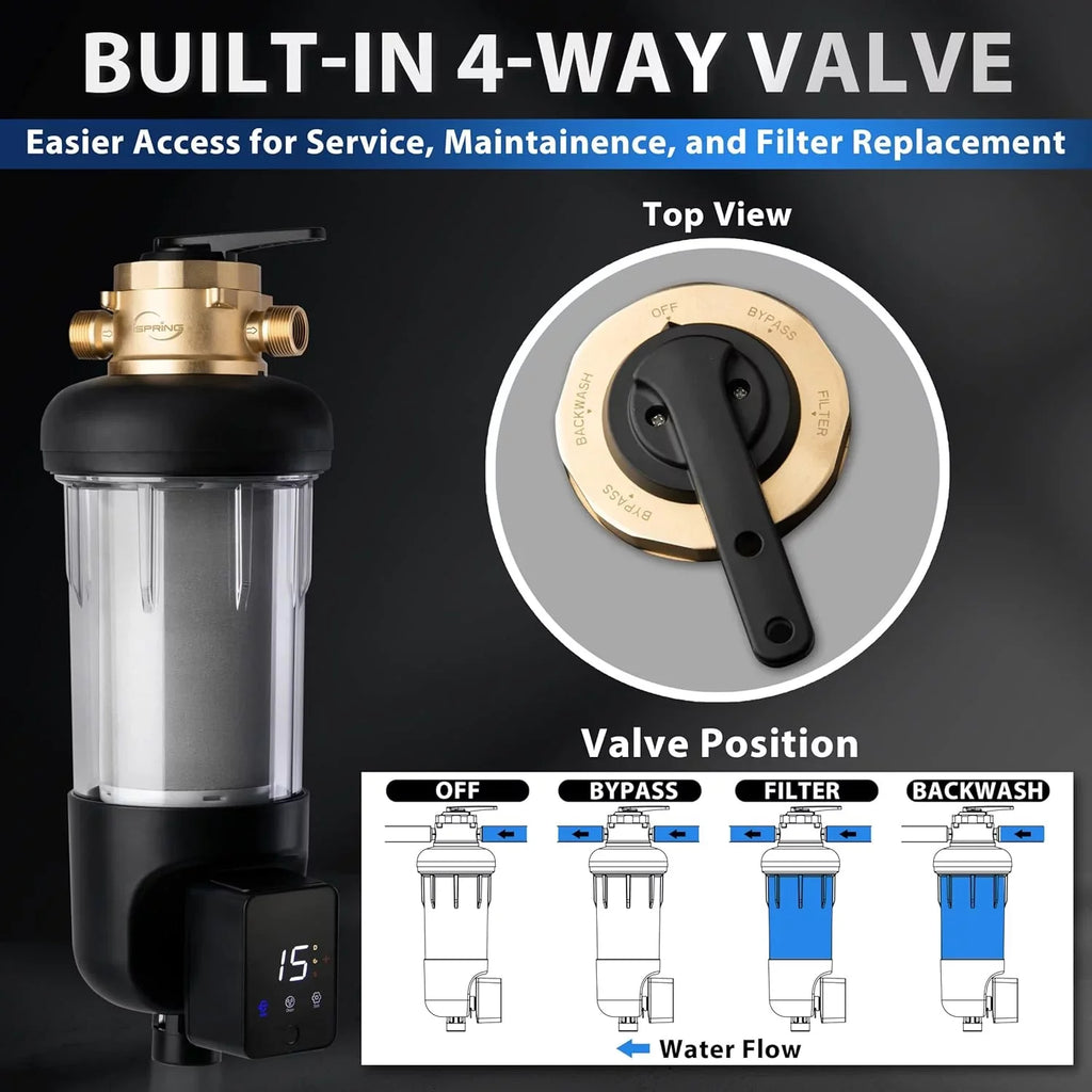iSpring WSP100ARJ-BP Whole House Prefilter, Spin-Down Sediment Water Filter with Bypass, Upgraded Clear Housing, Jumbo Size, Flushable and Reusable, Touch-Screen Auto Flushing, 4 Modes, 100 Microns