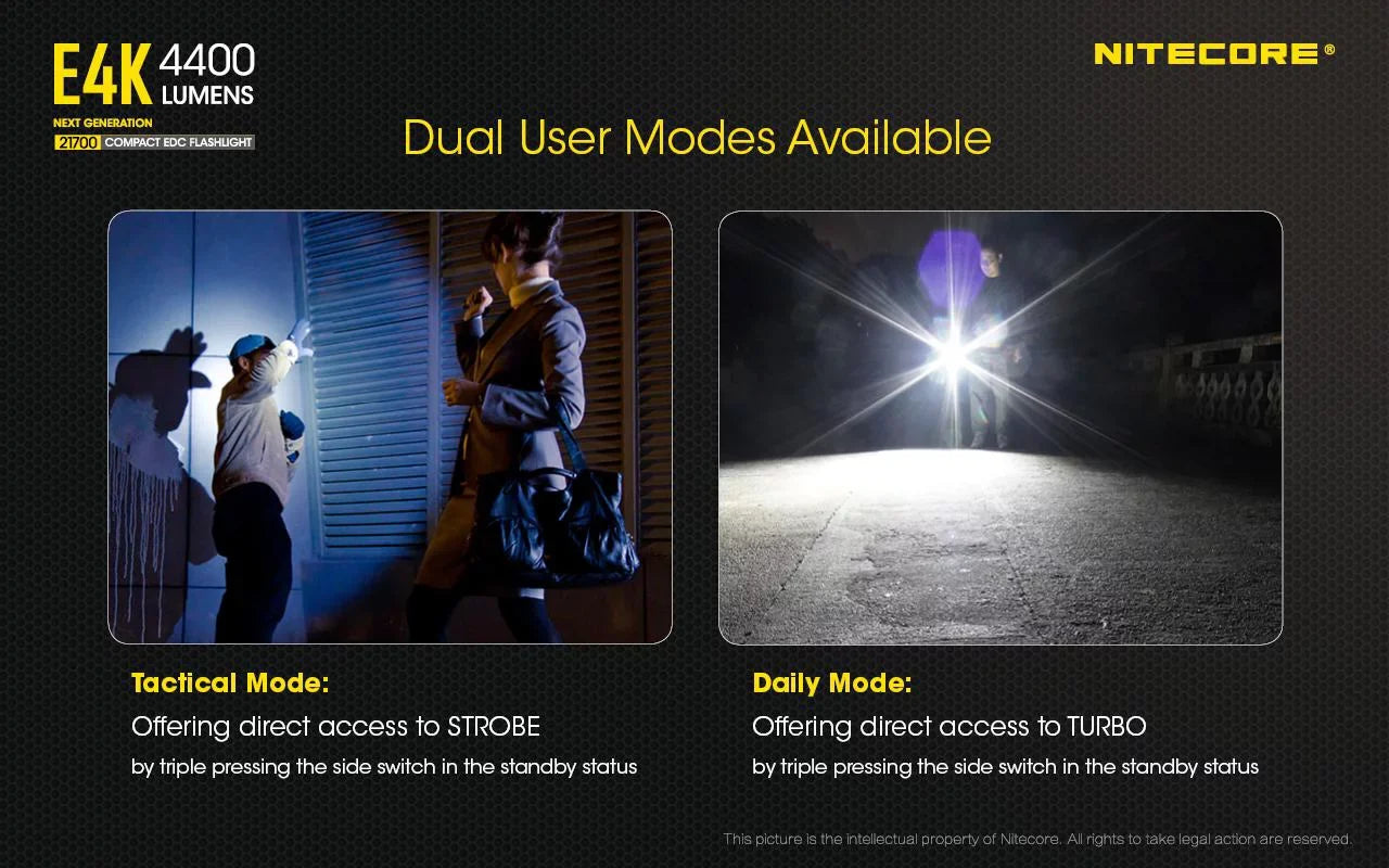 Combo: NITECORE E4K Next generation Flashlight - 4400 Lumens w/Tiki Mini Keychain Lamp -300 Lumens