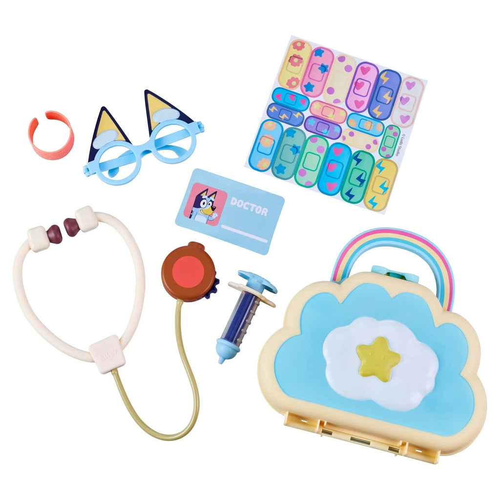 Bluey Cloud Bag Doctor's Set, Doctor Check Up Set, Toy Doctor's Playset with 7 Play Pieces, Stethoscope, Syringe, toy Bandage, Stickers, and more , Preschool, Toys for Kids, Ages 3+ - Exclusive Design