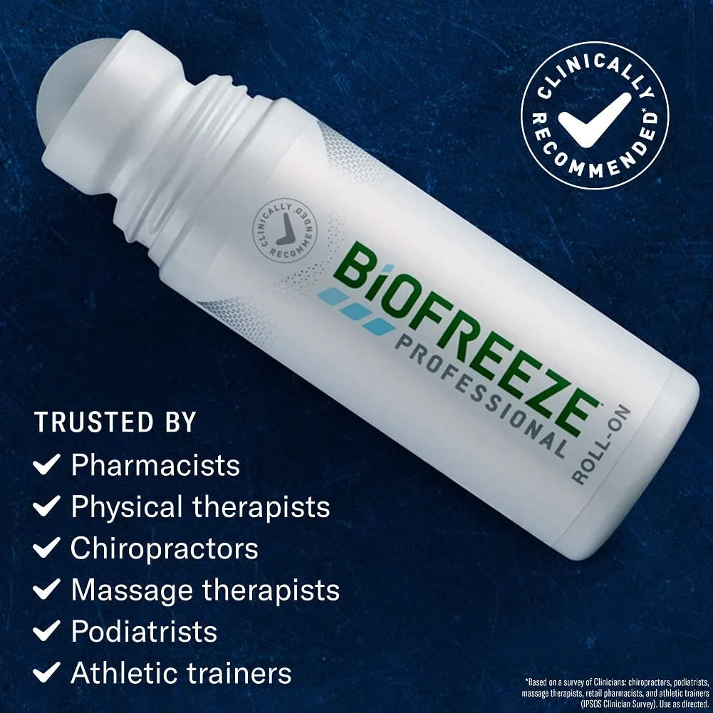 Stylish Biofreeze Professional Roll-On Gel 3 FL OZ, Green Topical For Muscles And Joints From Arthritis, Backache, Strains, Bruises, & Sprains (Package May Vary)