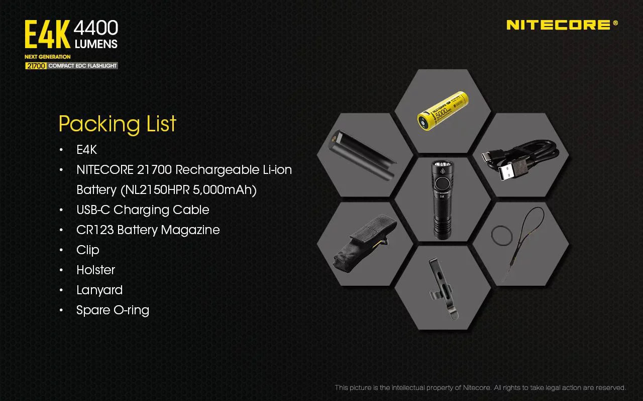 Combo: NITECORE E4K Next generation Flashlight - 4400 Lumens w/Tiki Mini Keychain Lamp -300 Lumens