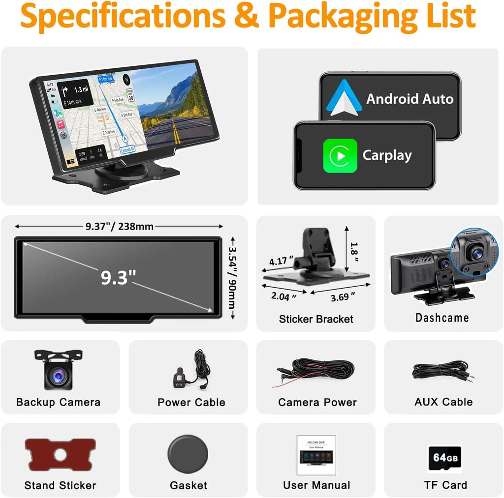 CAIHONG Portable Wireless Carplay Car Stereo with 2.5K Dash Cam - 9" HD IPS Screen, Android Auto, 1080p Backup Camera, Loop Recording, Bluetooth, GPS Navigation Head Unit, Car Radio Receiver