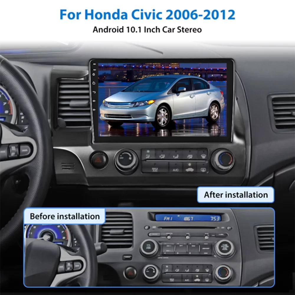 Podofo 2+64G for Honda Civic 2006-2011 Wireless Carplay Android Auto Mirror Link 10'' Touchscreen Car Stereo Radio Android 13 HD 1080P WIFI GPS Hifi FM Bluetooth, AHD Backup Camera - Exclusive Design