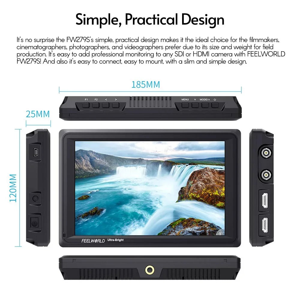 FEELWORLD FW279S 7 Inch 2200nit Ultra Bright Daylight Viewable Field Monitor Thin Design 3G-SDI 4K Input Output 1920*1200 IPS Panel for Outside / Viewable Even in Direct Sunlight - Exclusive Design