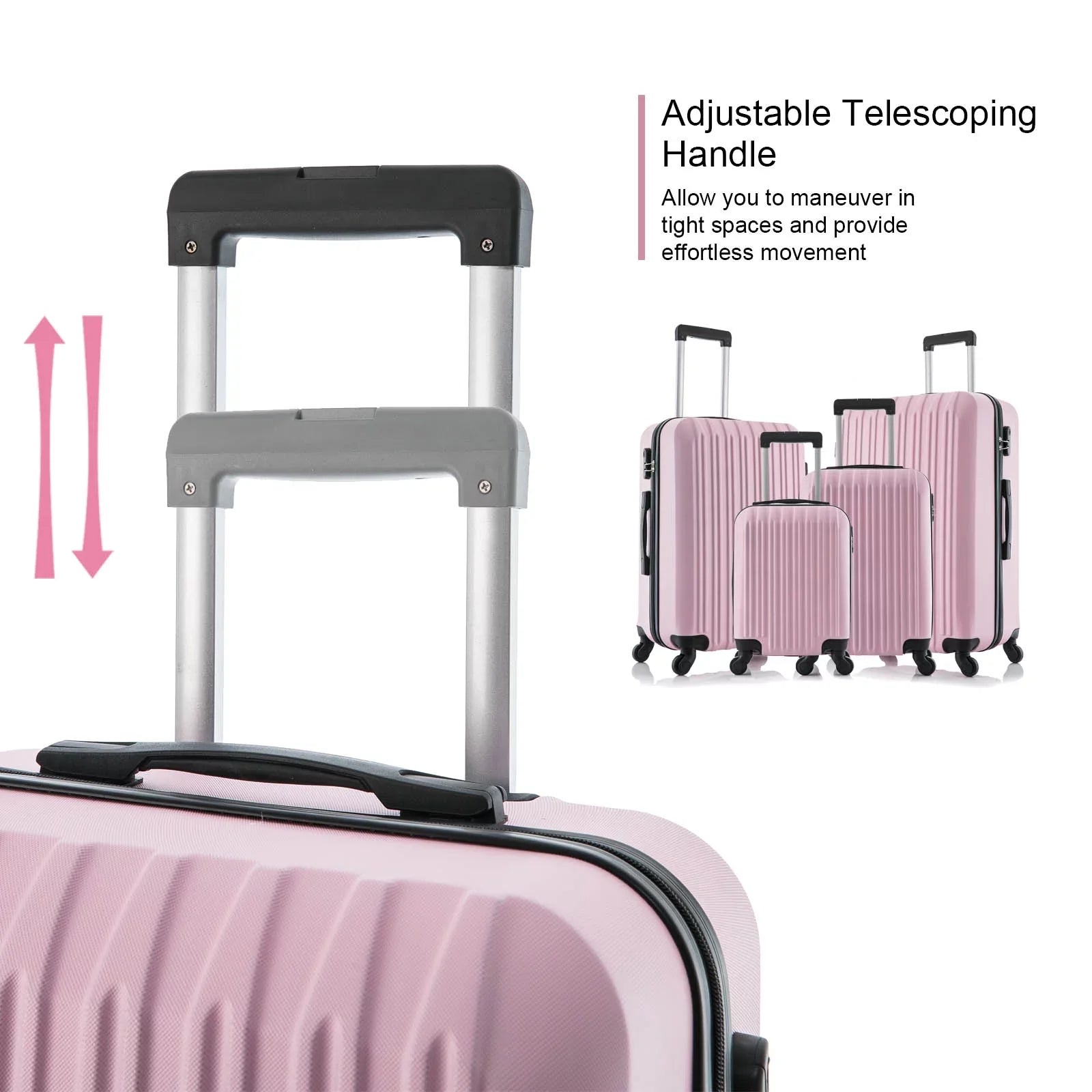 5 Piece Set Luggage Sets Suitcase ABS Hardshell Lampweight Spinner Wheels (16/20/24/28 inch) Pink