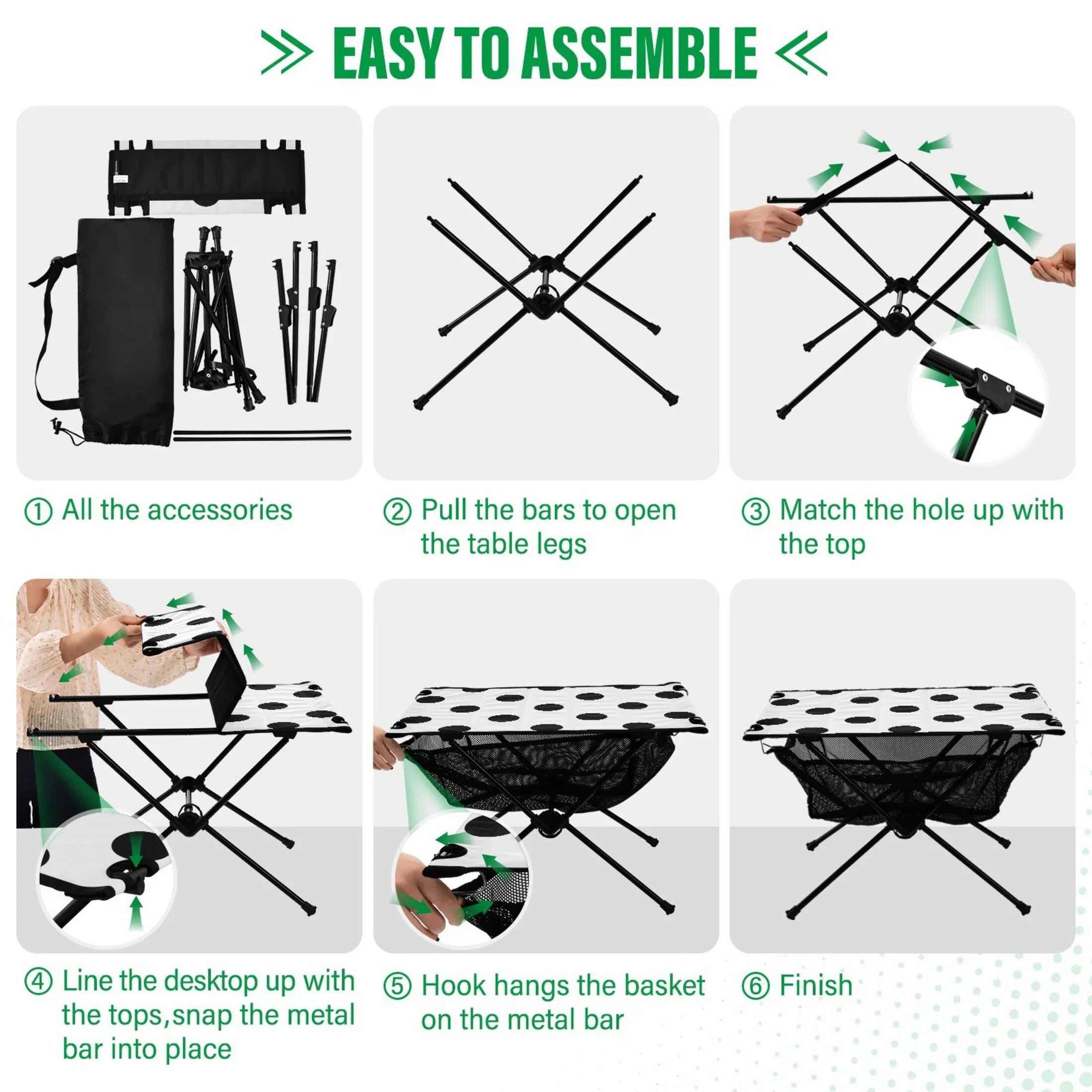 Black Polka Dots Camping Foldable Portable Table Beach Table with Storage Bag Compact Picnic Table for Outdoor Hiking Fishing BBQ - Exclusive Design