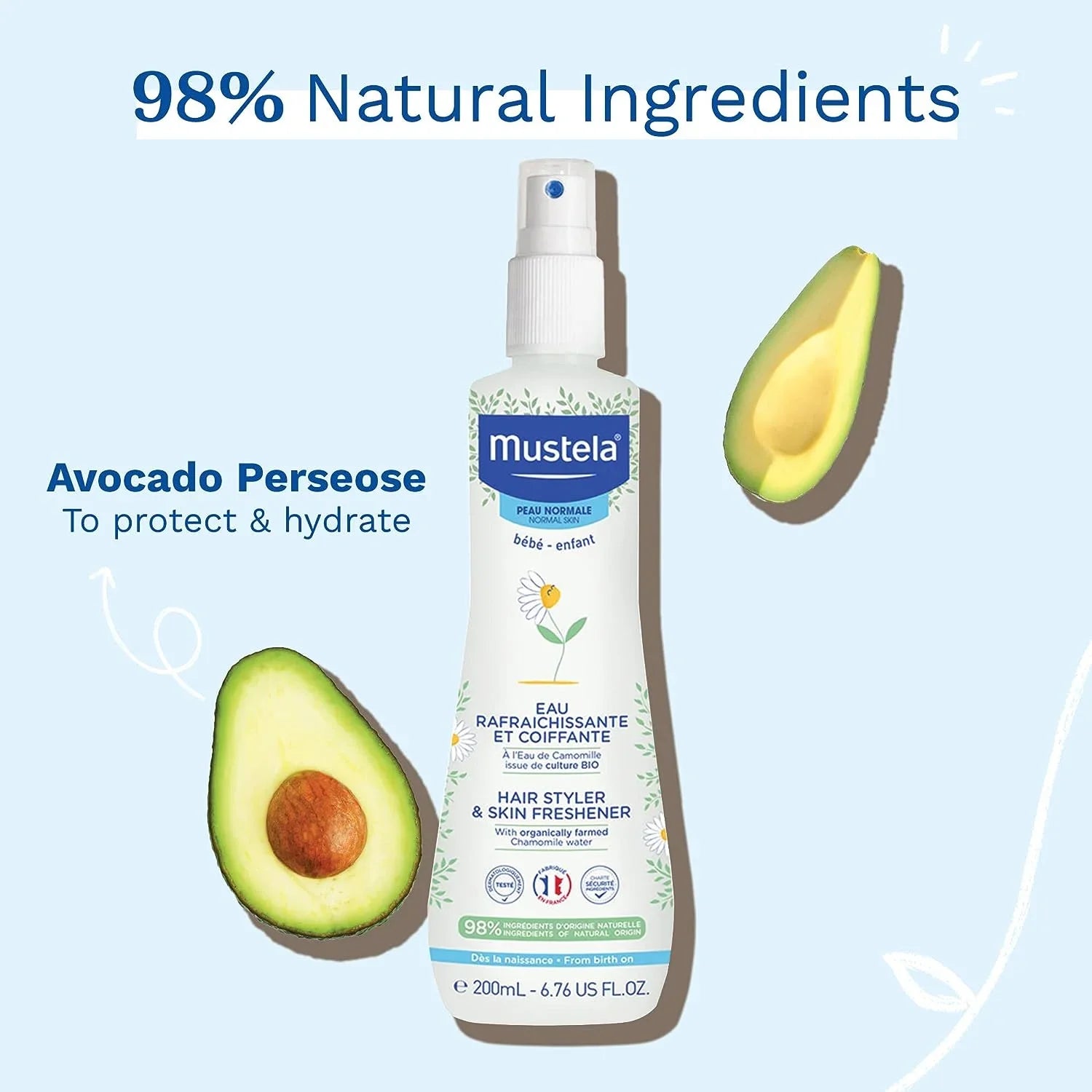 Stylish Mustela Baby Hair Styler & Skin Freshener - with Natural Avocado & Chamomile Water - Vegan & Hypoallergenic - 6.76 fl. oz.