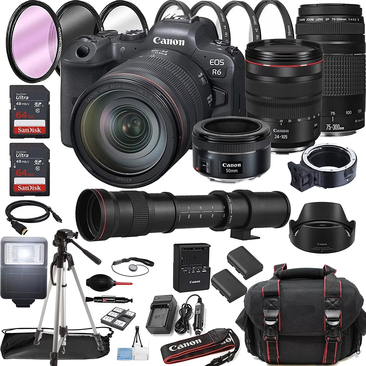 Canon EOS R6 Mirrorless Digital Camera with RF 24-105mm f/4 L is USM Lens + RF 100-400mm is USM Lens + 128GB Memory + Case + Tripod + Filters 41pc Bundle