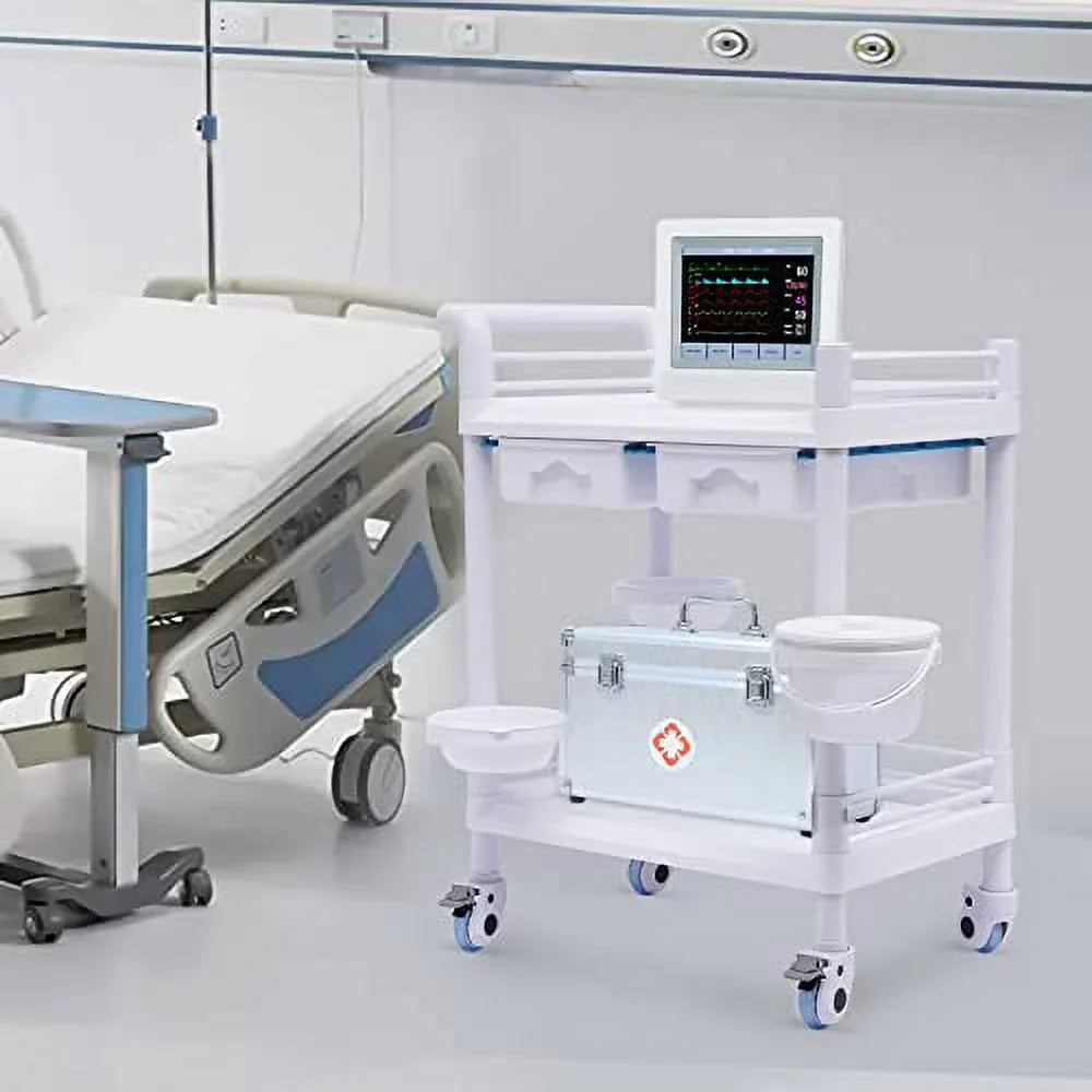 Stylish Medical Trolley Cart with 360Â°Rotate Wheels 2 Tier 275 Lbs Spacious Spa Beauty Salon Rolling Trolley with Dirt Buckets Drawers Heavy Duty Medical Utility Cart for Hospital Dental Clinic Beauty Salon