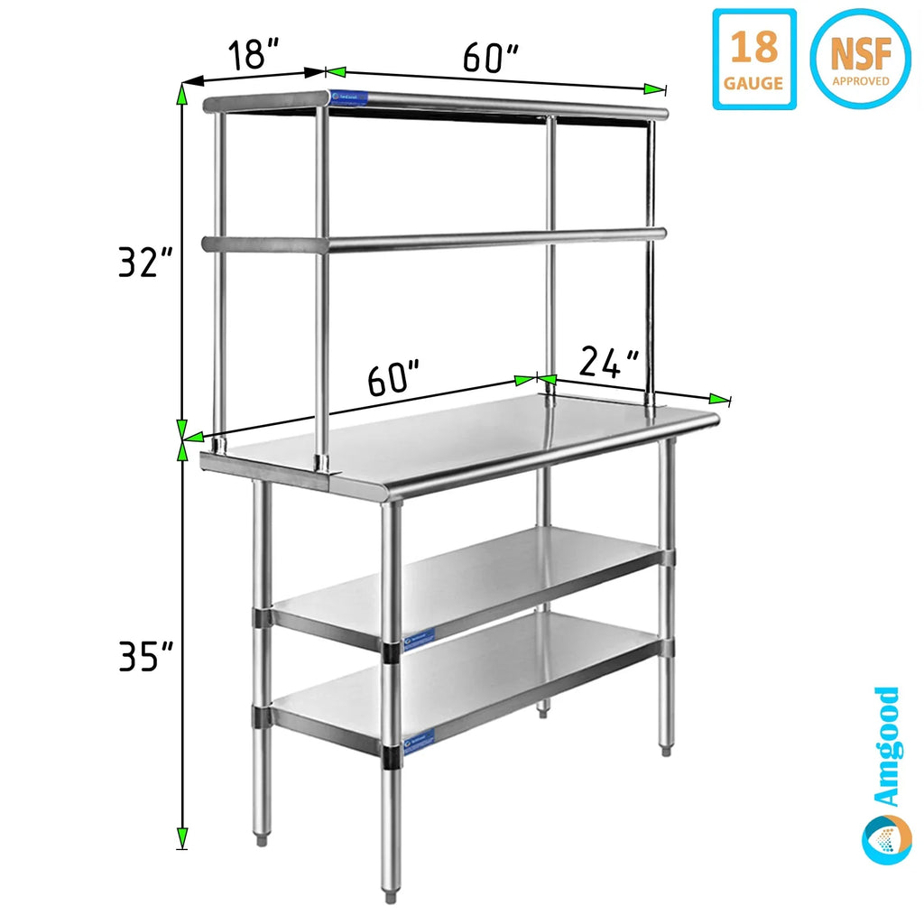 24" x 60" Stainless Steel Work Table With Two Shelves | 18" Wide Double Tier Overshelf | Metal Kitchen Prep Table & Shelving Combo - Exclusive Design