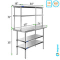 24" x 60" Stainless Steel Work Table With Two Shelves | 18" Wide Double Tier Overshelf | Metal Kitchen Prep Table & Shelving Combo - Exclusive Design