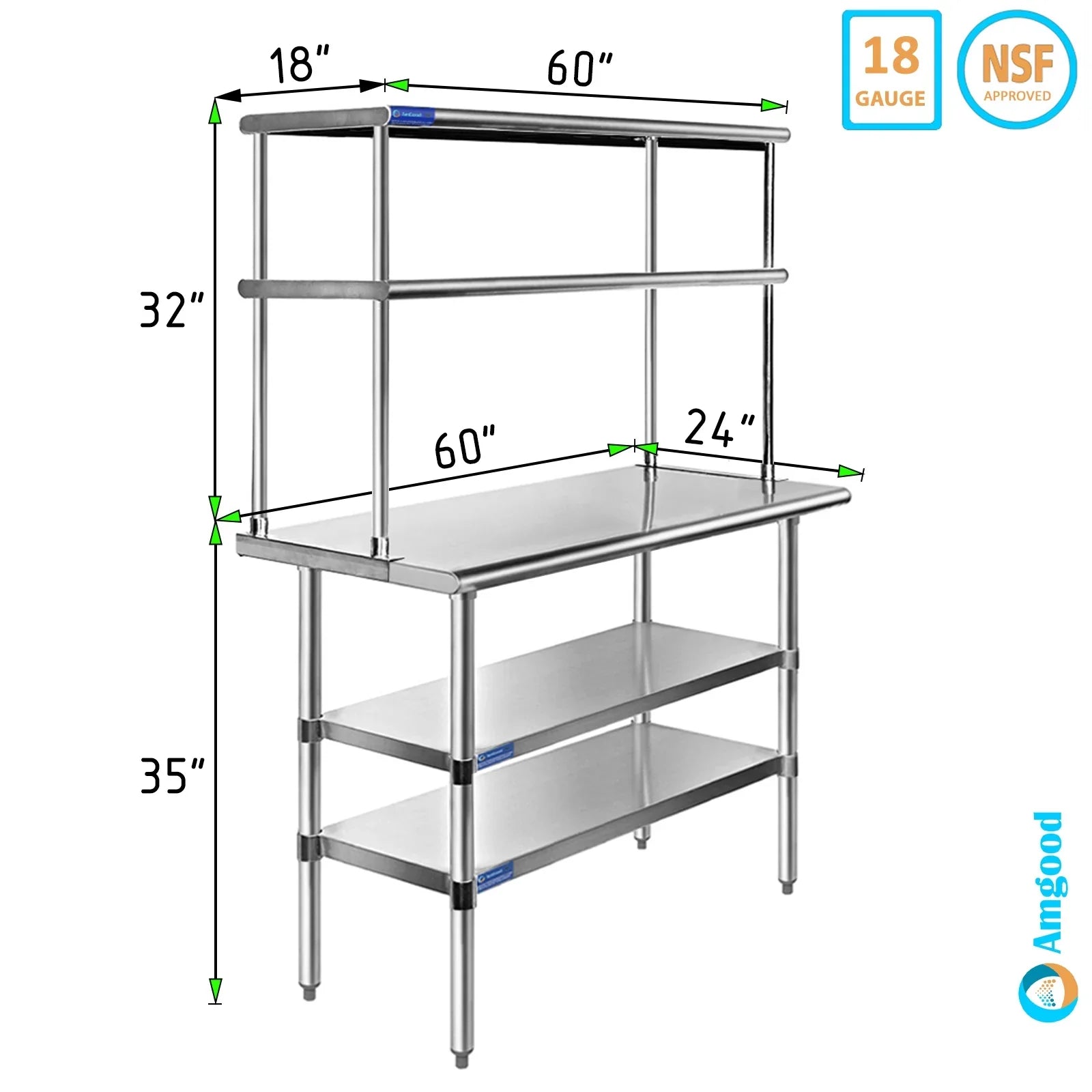 24" x 60" Stainless Steel Work Table With Two Shelves | 18" Wide Double Tier Overshelf | Metal Kitchen Prep Table & Shelving Combo - Exclusive Design