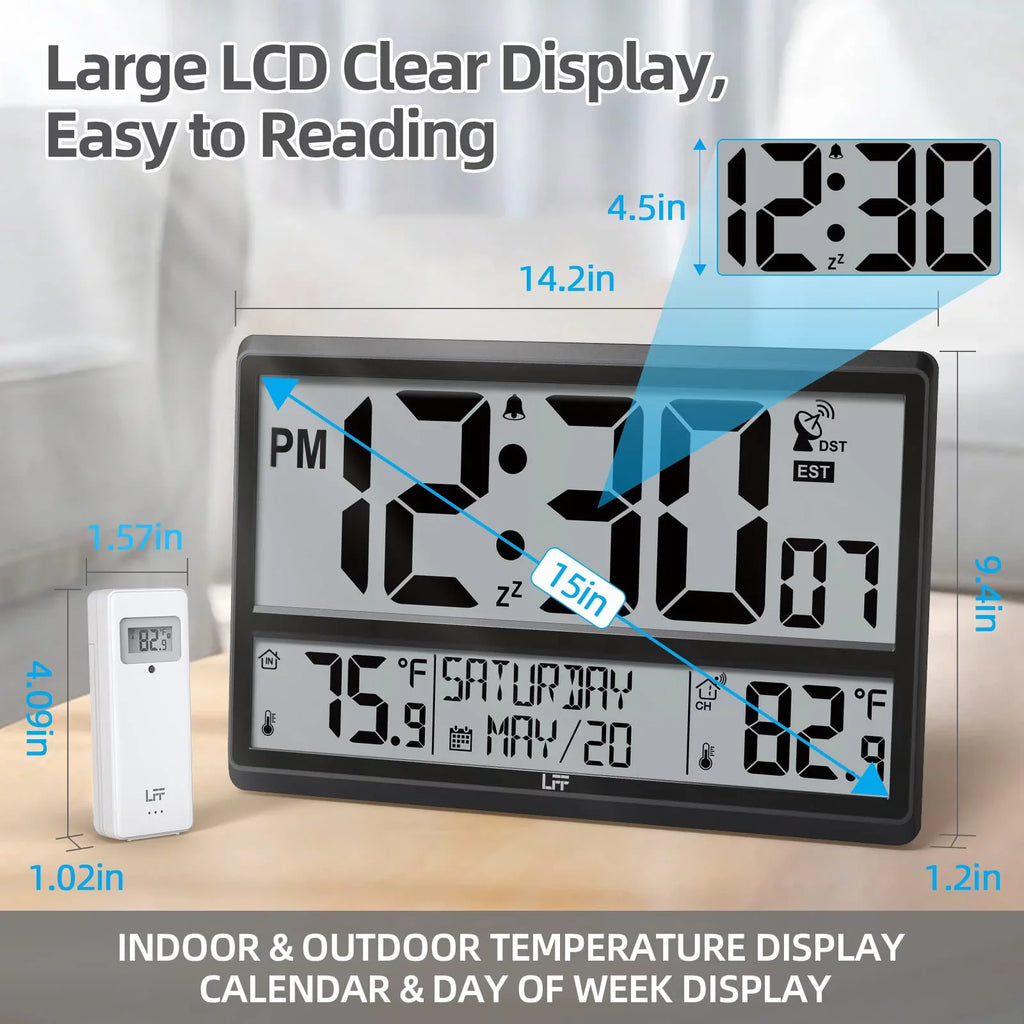 LFF Atomic Clock / Never Needs Setting, Battery Operated, Indoor / Outdoor Temperature, Atomic Wall Clock with 4.5" Numbers Easy-to-Read, 15" Large Digital Wall Clock with Wireless Outdoor Sensor