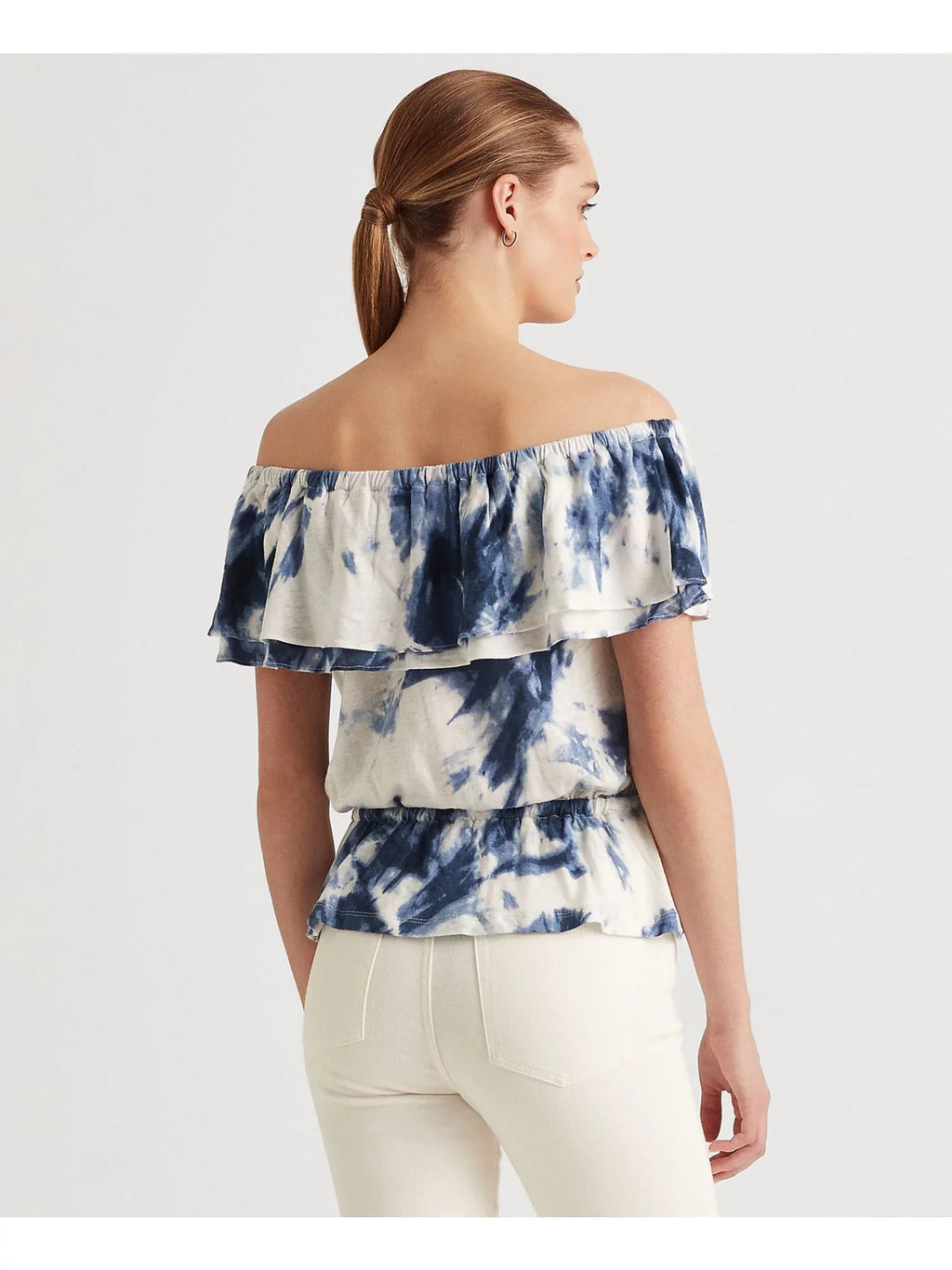 Stylish LAUREN RALPH LAUREN Womens White Ruffled Elasticized Drawcord Waist Tie Dye Short Sleeve Off Shoulder Peplum Top S