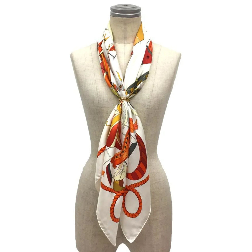 Stylish Pre-Owned HERMES Hermes Carre 90 Scarf Muffler LES FOLIES DU CIEL Madness in the Sky Balloon Pattern White/Orange 100% Silk (Like New)