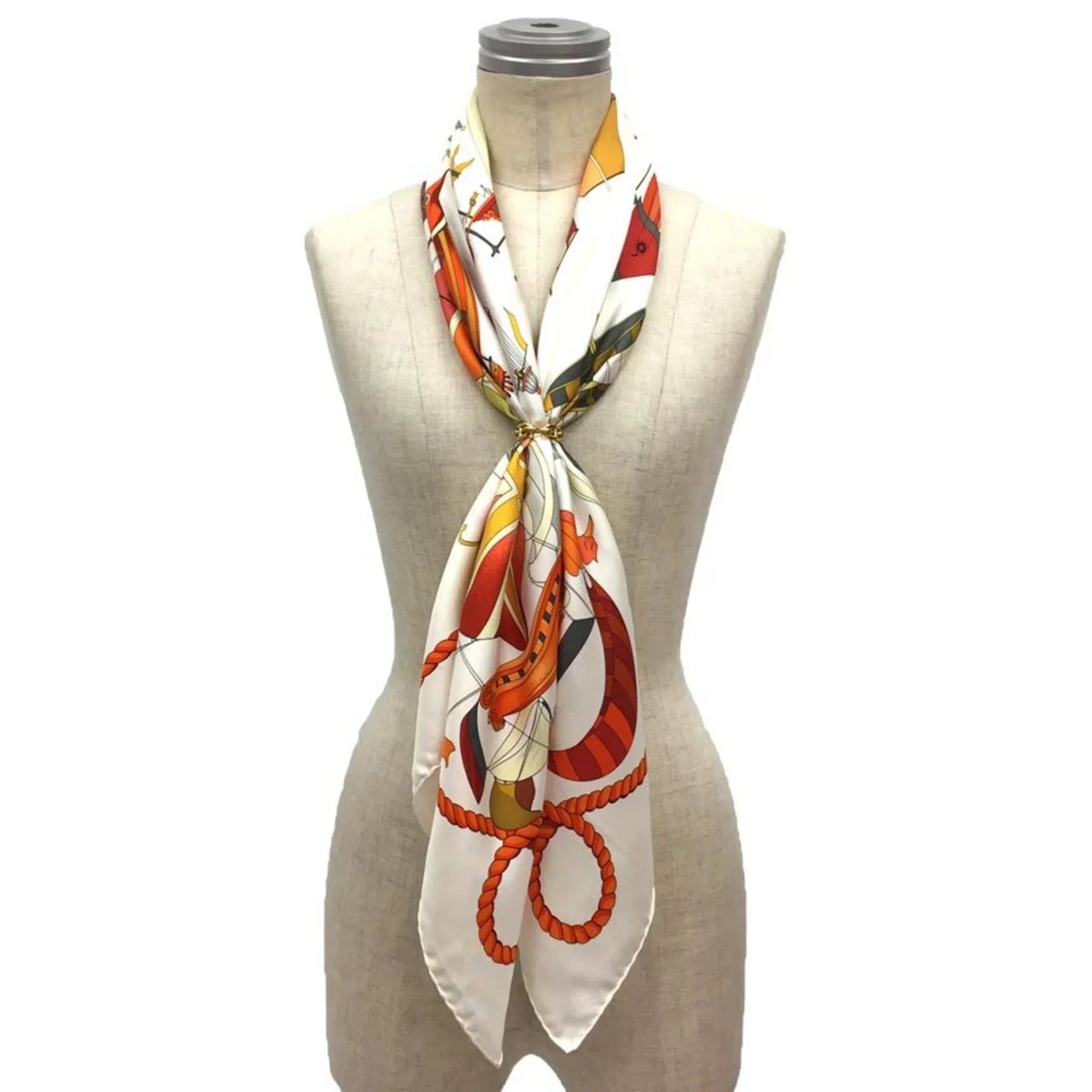Stylish Pre-Owned HERMES Hermes Carre 90 Scarf Muffler LES FOLIES DU CIEL Madness in the Sky Balloon Pattern White/Orange 100% Silk (Like New)
