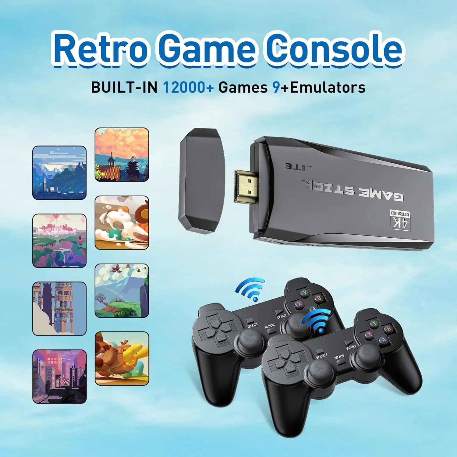 Retro Game Stick Emulator Console - Preloaded 12000+ Classic Retro Games,9 Emulators,Plug and Play Video Games for TV,Nostalgia Stick Support 4K HD Port,2 Wireless Gamepads(64G)