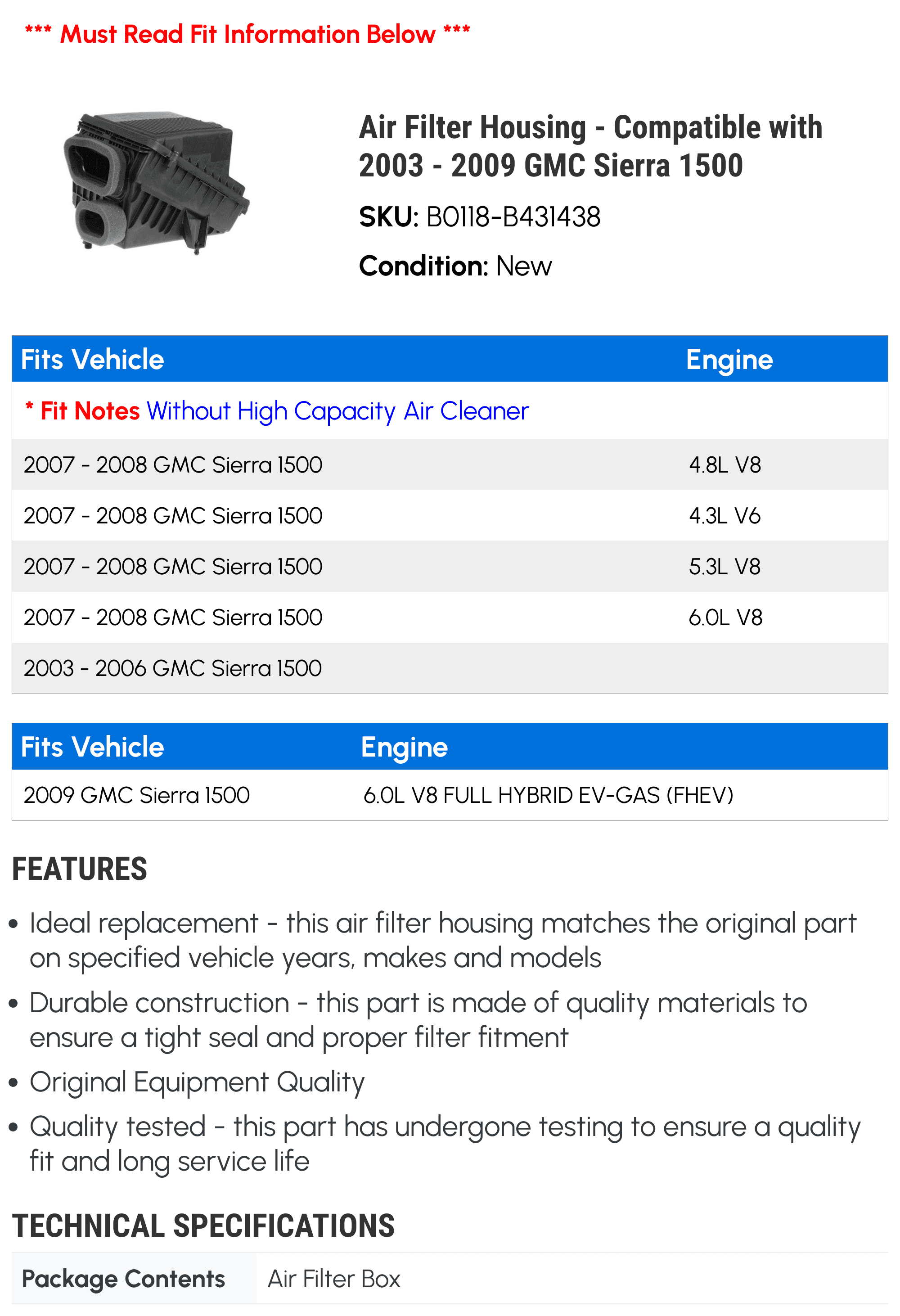 Stylish Air Filter Housing - Compatible with 2003 - 2009 GMC Sierra 1500 2004 2005 2006 2007 2008