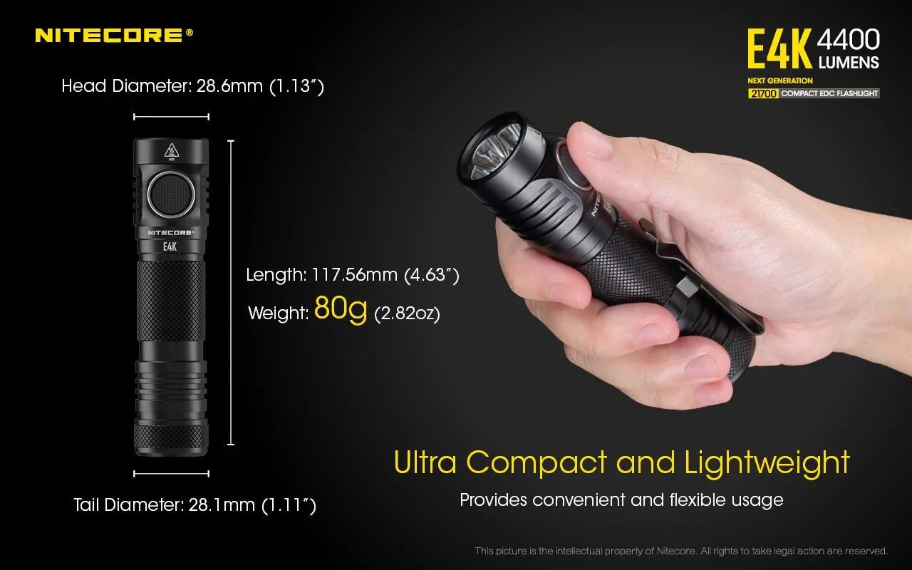Combo: NITECORE E4K Next generation Flashlight - 4400 Lumens w/Tiki Mini Keychain Lamp -300 Lumens