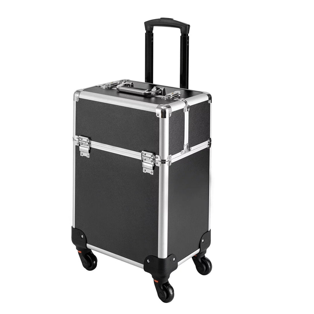Stylish Rolling Lockable Makeup Train Case Hairdresser Trolley, Stylist Beauty Nail Salon Barber Case Cosmetic Luggage Travel Trunk Cart Organizer Tool Box with Swivel Wheels (Black)
