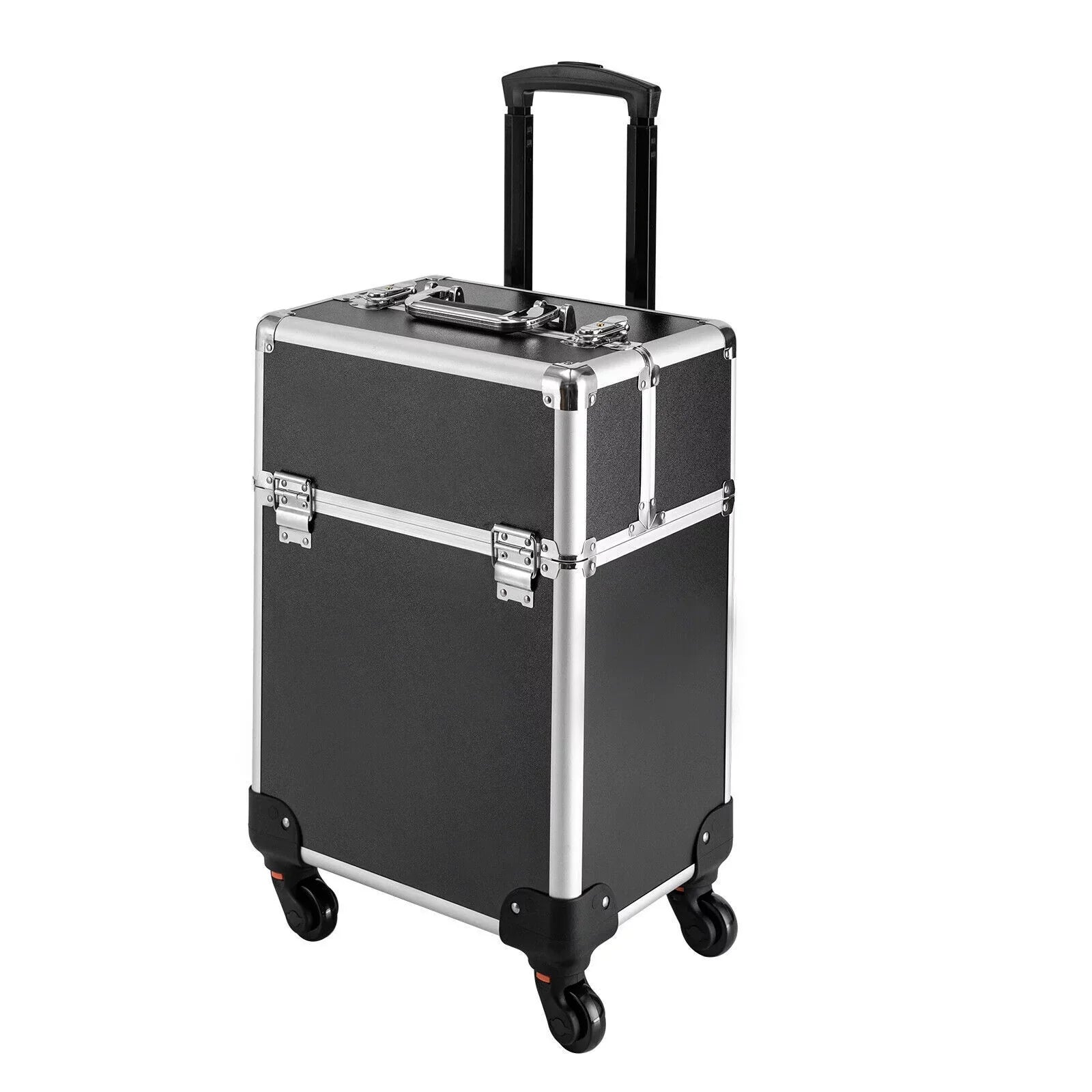 Stylish Rolling Lockable Makeup Train Case Hairdresser Trolley, Stylist Beauty Nail Salon Barber Case Cosmetic Luggage Travel Trunk Cart Organizer Tool Box with Swivel Wheels (Black)