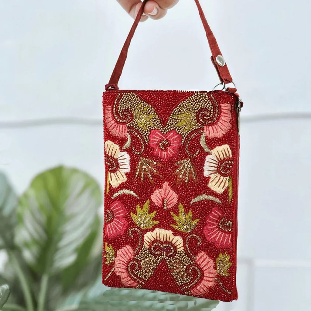 Stylish Ruby Bloom Floral Club Bag Beaded Phone Crossbody, Red Multi