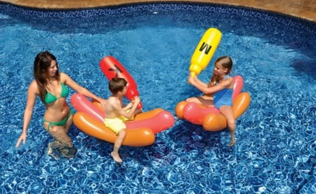 Set of 2 Inflatable Hot Dog Ride On Swimming Pool Battle Set with Boppers Game - 56" - Exclusive Design